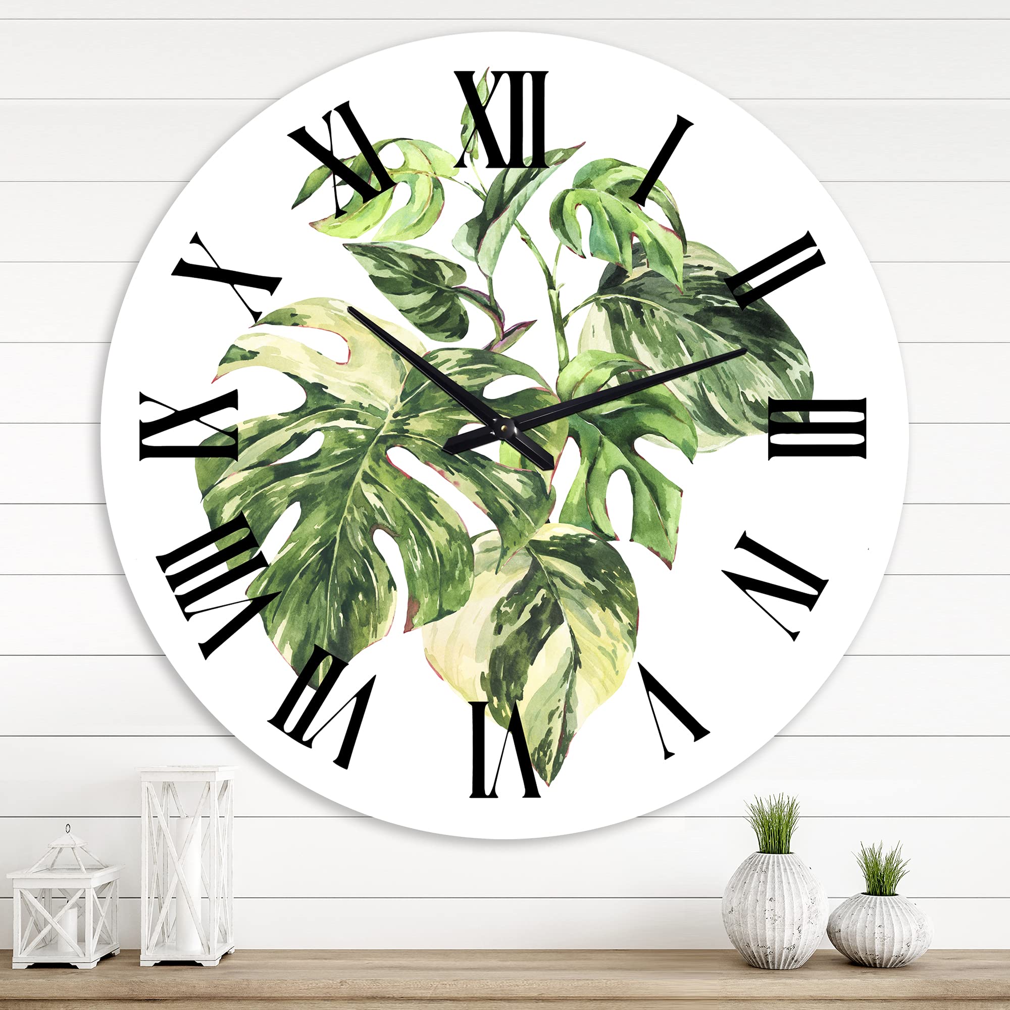 Tropical Green Leaves Wall Clock - Large Floral Botanical Decor for Bedroom, Living Room & Office | Summer-Themed Home Décor