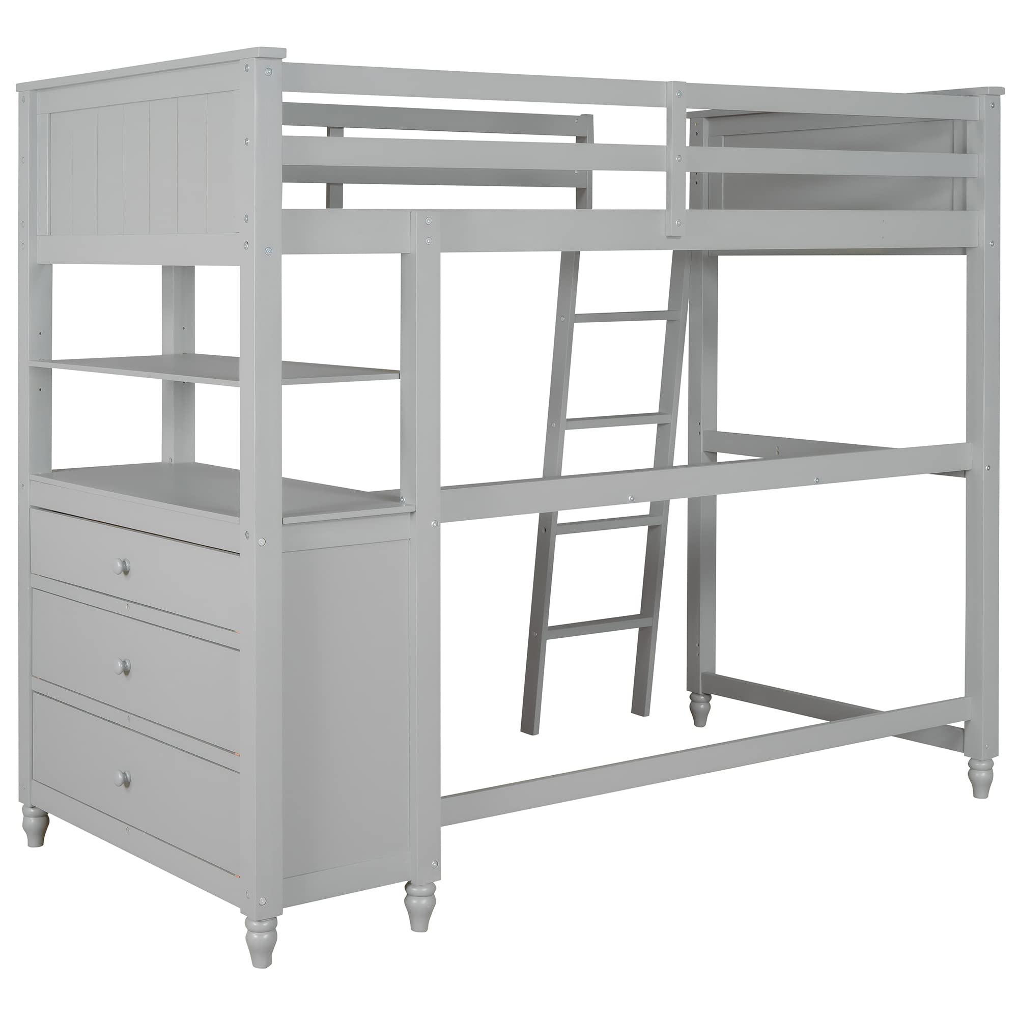 Twin Size Wood Loft Bed with Desk, Drawers & Storage Shelves - Sturdy High Loft Bed for Kids, Teens & Adults (Gray) | Space-Saving Bedroom Solution for Small Rooms, Dorm & Apartment Living