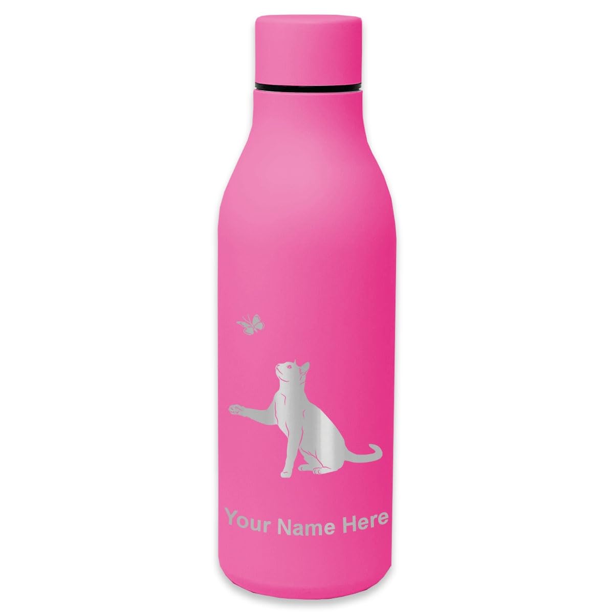 LaserGram 20oz Double Wall Vacuum Insulated Stainless Steel Water Bottle with Cat & Butterfly Design - Personalized Engraving Gift for Hiking, Gym, Office & Outdoor Activities