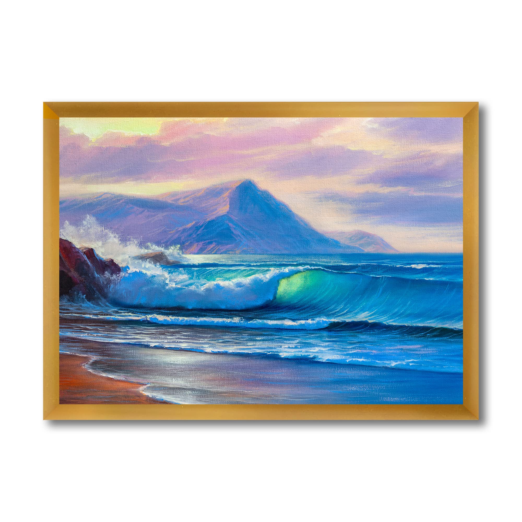 DesignQ Blue Waves Breaking At The Beach - Nautical Coastal Framed Wall Art Decor for Living Room, Bedroom & Office - Ocean Themed Home Decor