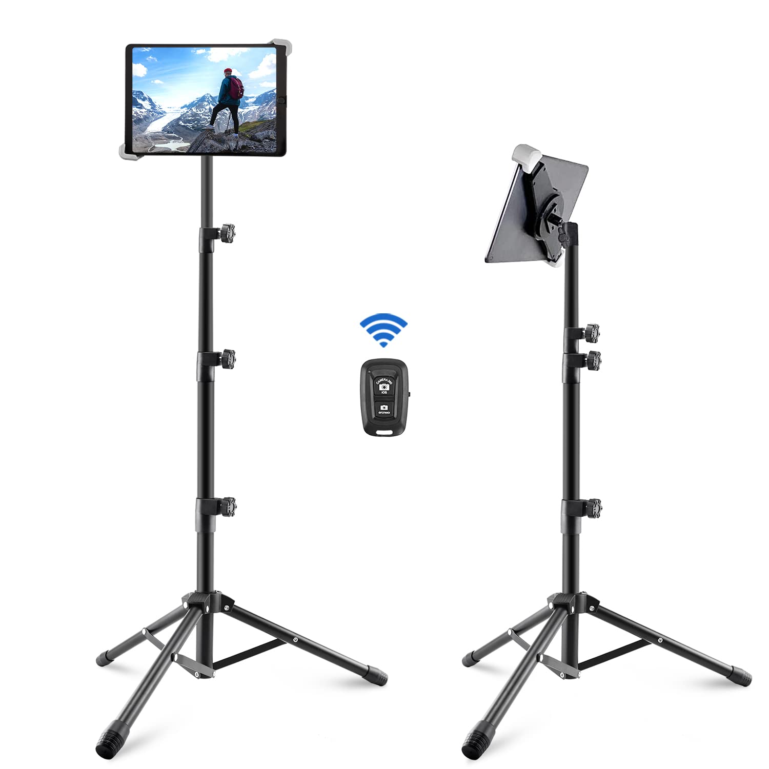 Adjustable iPad Tripod Stand with Bluetooth Remote - 360° Rotating Floor Mount for iPad Air/Pro & 9.5-14.5 Inch Tablets - Perfect for Video Calls, Live Streaming & Hands-Free Viewing