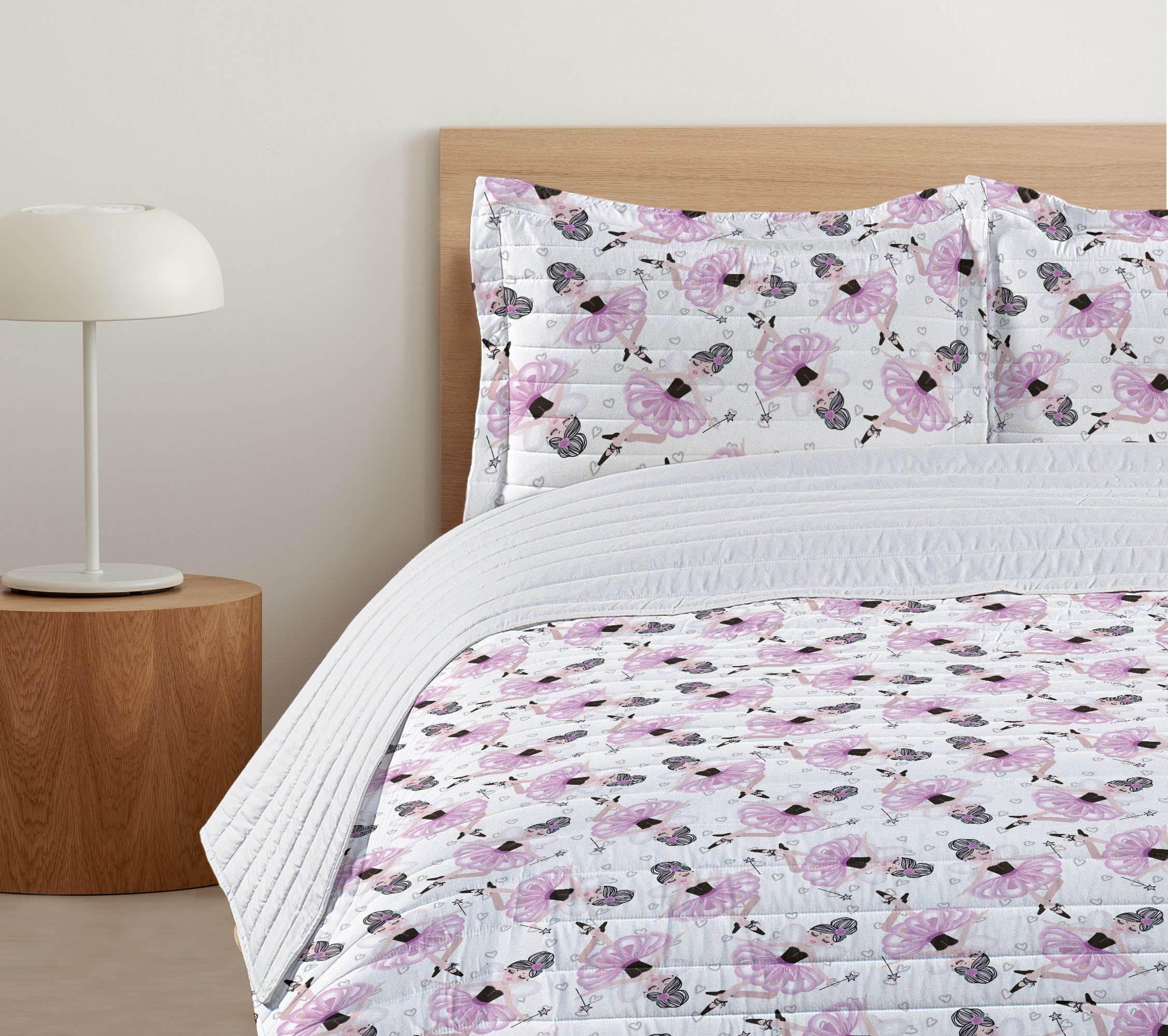 Ambesonne Ballet Themed Microfiber Bedspread Set - Ballerina Character Design with Magic Wand, Soft Cartoon Pattern Fantasy Art Print, Queen Size Bedding Set with Comforter & Pillow Shams in Peach Pink White | Perfect for Girls' Bedroom, Ballet Themed Decor, Gift for Dancers