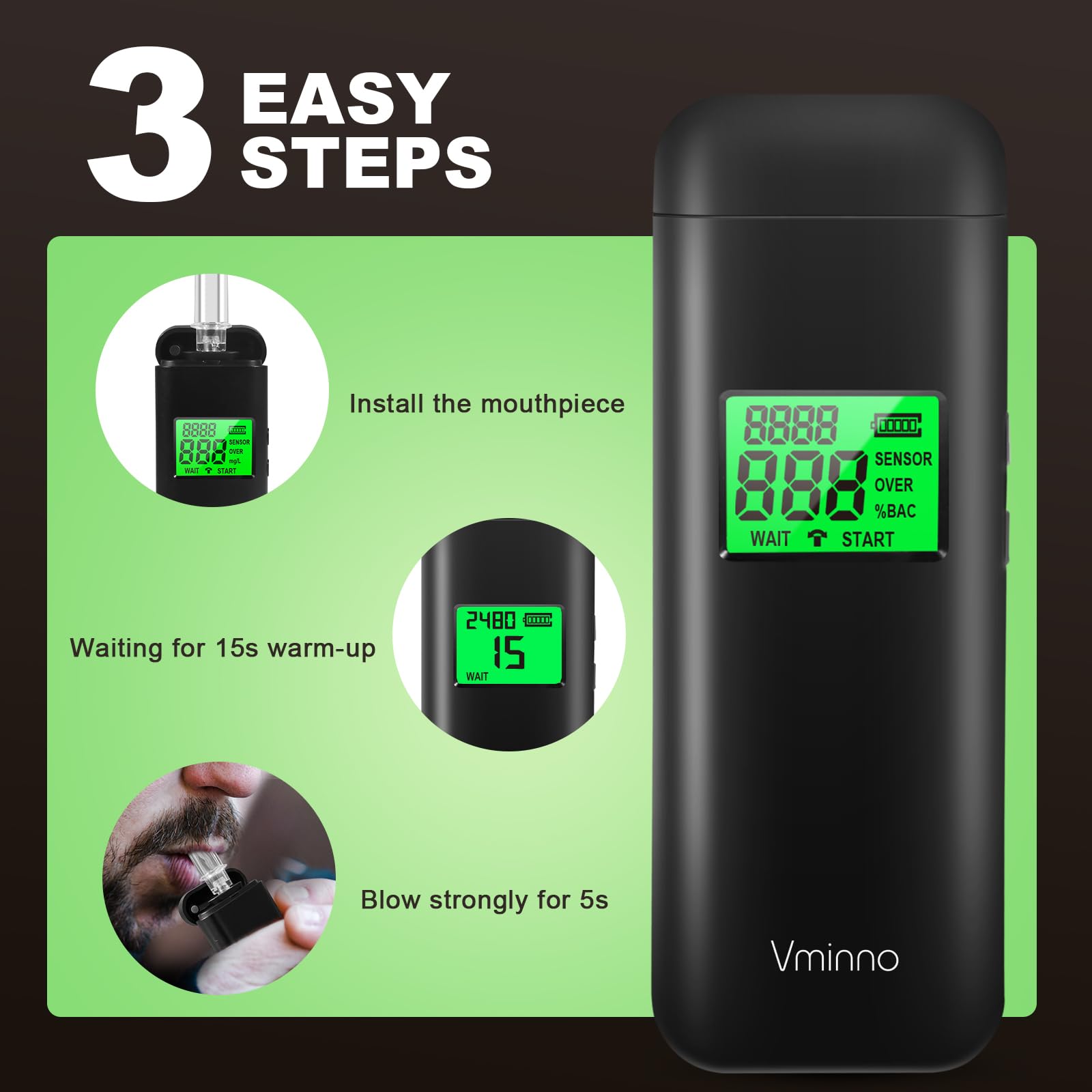 Vminno Professional Rechargeable Breathalyzer - High Accuracy Alcohol Tester with Memory & Warning Function, Includes 10 Mouthpieces - Perfect for Home Safety, Workplace Testing & Personal BAC Monitoring