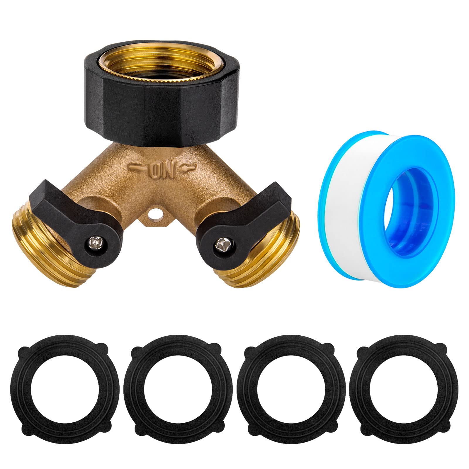 Heavy Duty 2-Way Brass Garden Hose Splitter Y Valve Connector with 4 Rubber Washers & 20m Teflon Tape - Universal Faucet & Garden Hose Adapter for Watering, Irrigation & Outdoor Cleaning