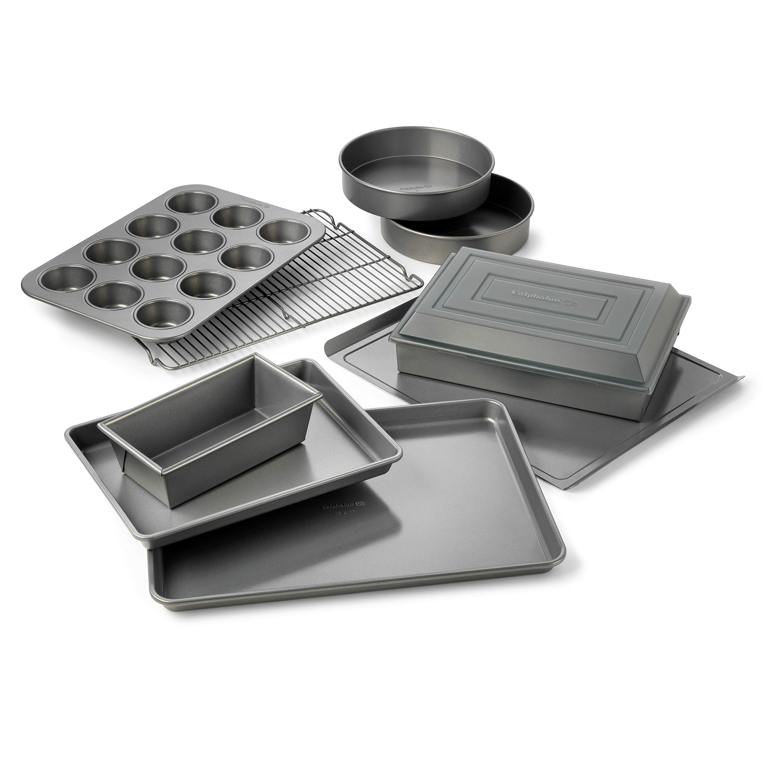 Calphalon 10-Piece Nonstick Cookware and Bakeware Set - Silver Pots, Pans, Baking Sheet, Cookie Sheet, Cake Pans & Muffin Pan - Dishwasher Safe for Easy Cleaning - Perfect for Baking, Roasting & Everyday Cooking