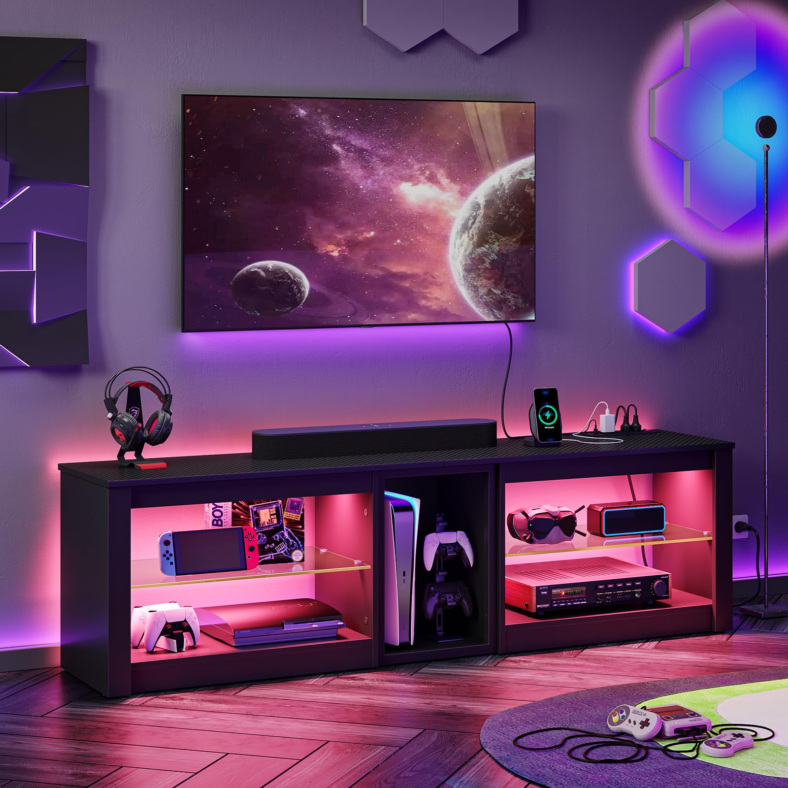 Bestier 70 Inch TV Stand with Power Outlets & LED Lights - Modern Entertainment Center for PS5, Xbox & Gaming Consoles - Black Carbon Fiber TV Console with Tempered Glass Shelves - Perfect for Living Room & Home Theater Setup
