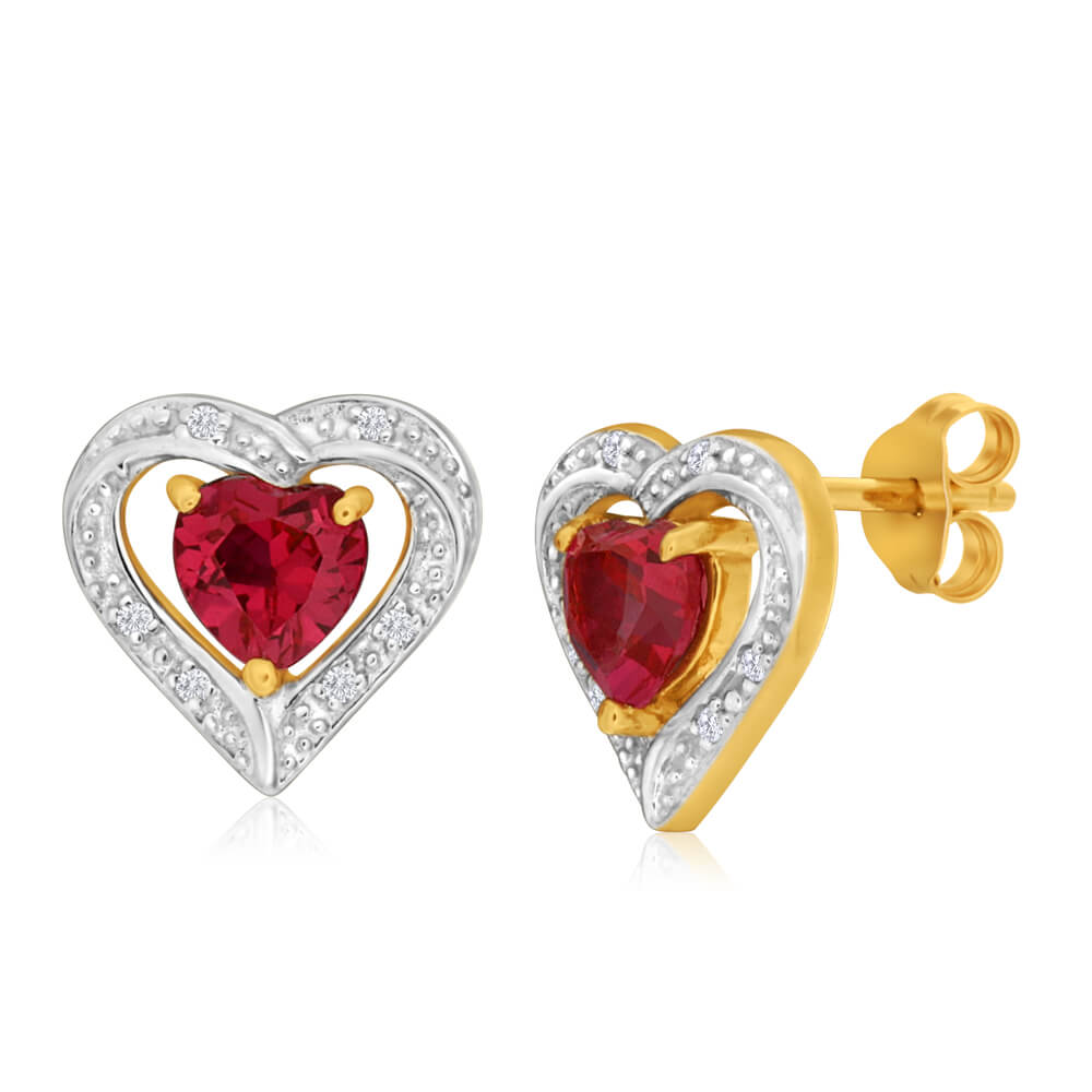 9ct Elegant Yellow Gold Created Ruby & Diamond Stud Earrings for Women - Perfect Gift for Anniversary, Birthday & Special Occasions