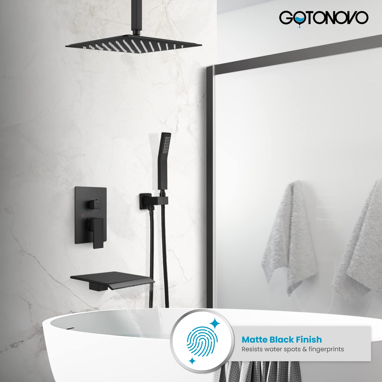 Gotonovo Matte Black 12 Inch Ceiling Mount Shower System - Rain Shower Head & Handheld Combo with Waterfall Tub Spout, Rough-in Valve Kit Included for Luxurious Bathroom Upgrade | Perfect for Modern Home, Spa Experience, and Relaxing Shower Time