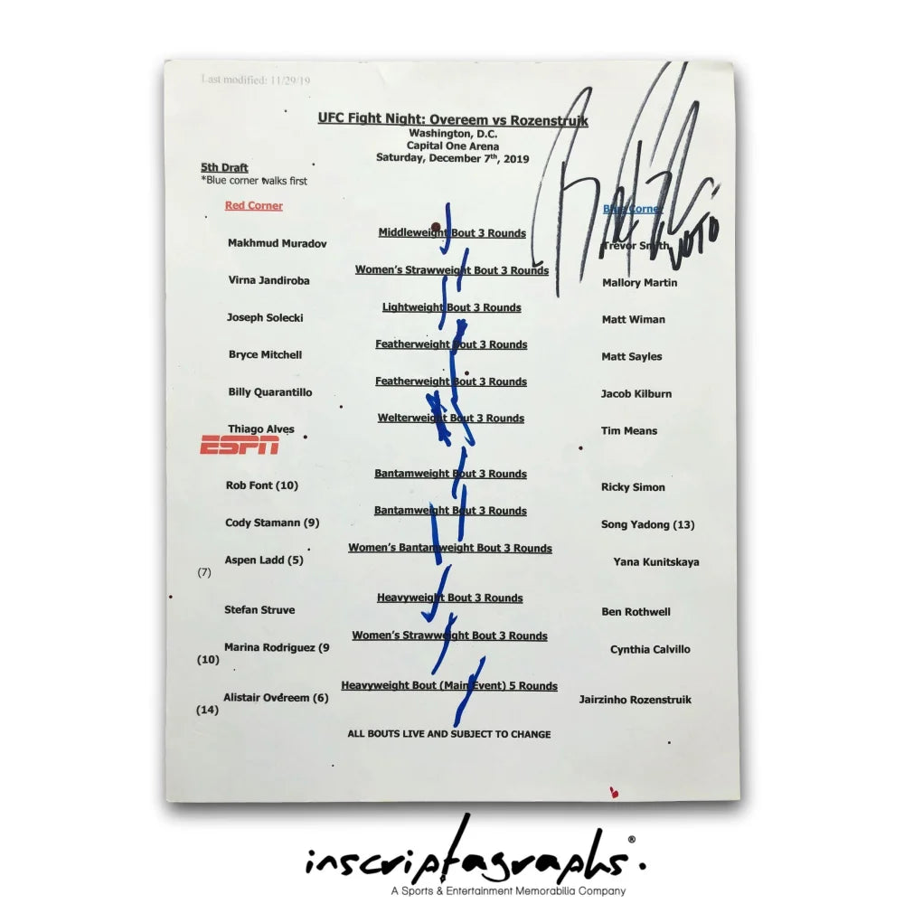Bruce Buffer UFC Event Used ESPN 7 (Alistair Overeem vs Jairzinho Rozenstruik) Official Bout List - Collectible MMA Memorabilia for UFC Fans & Sports Collectors
