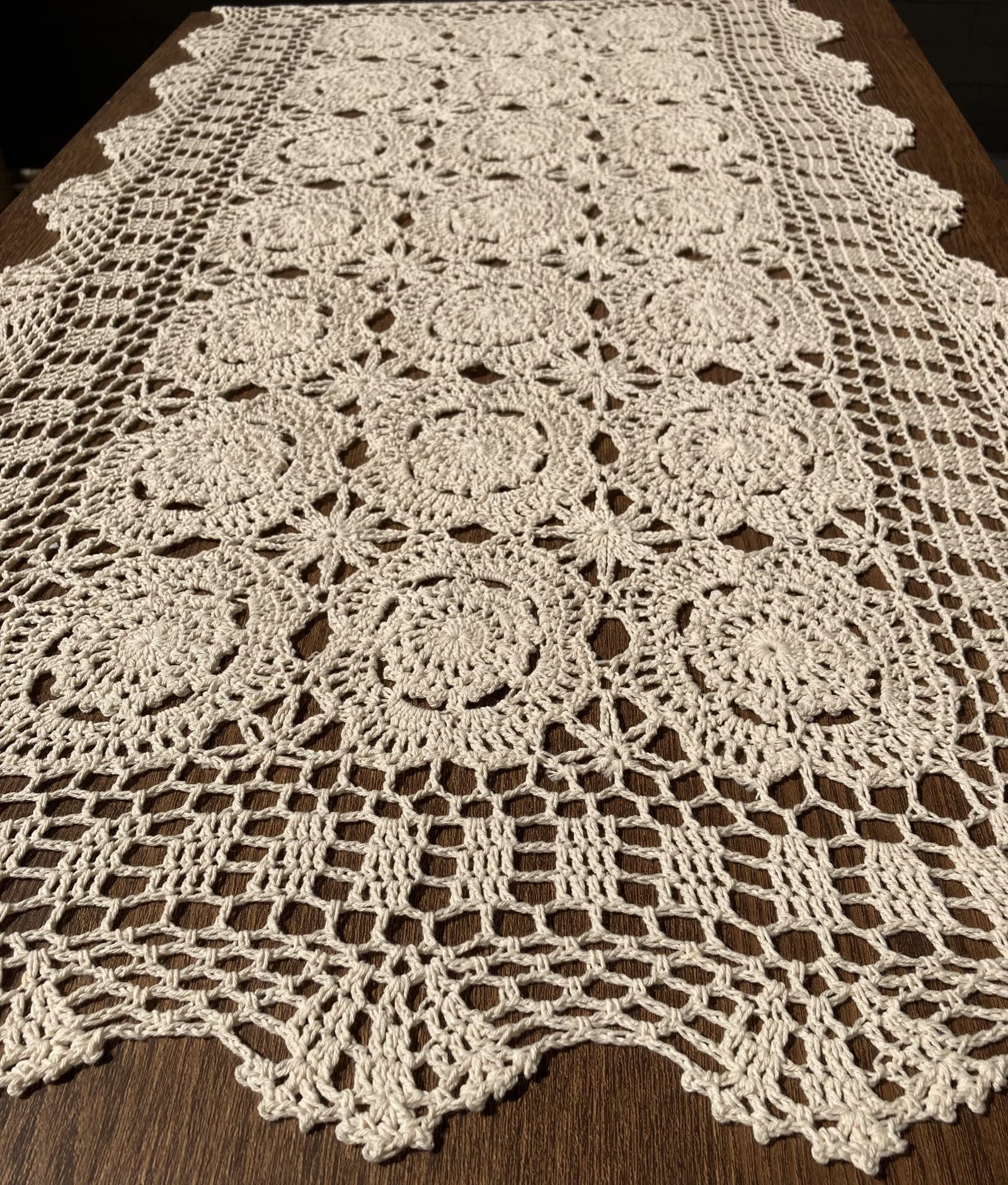 Hsvanyr Handmade Crochet Lace Table Runner, 19x39inch, Beige, Elegant Centerpiece for Dining Room, Adds a Touch of Vintage Charm