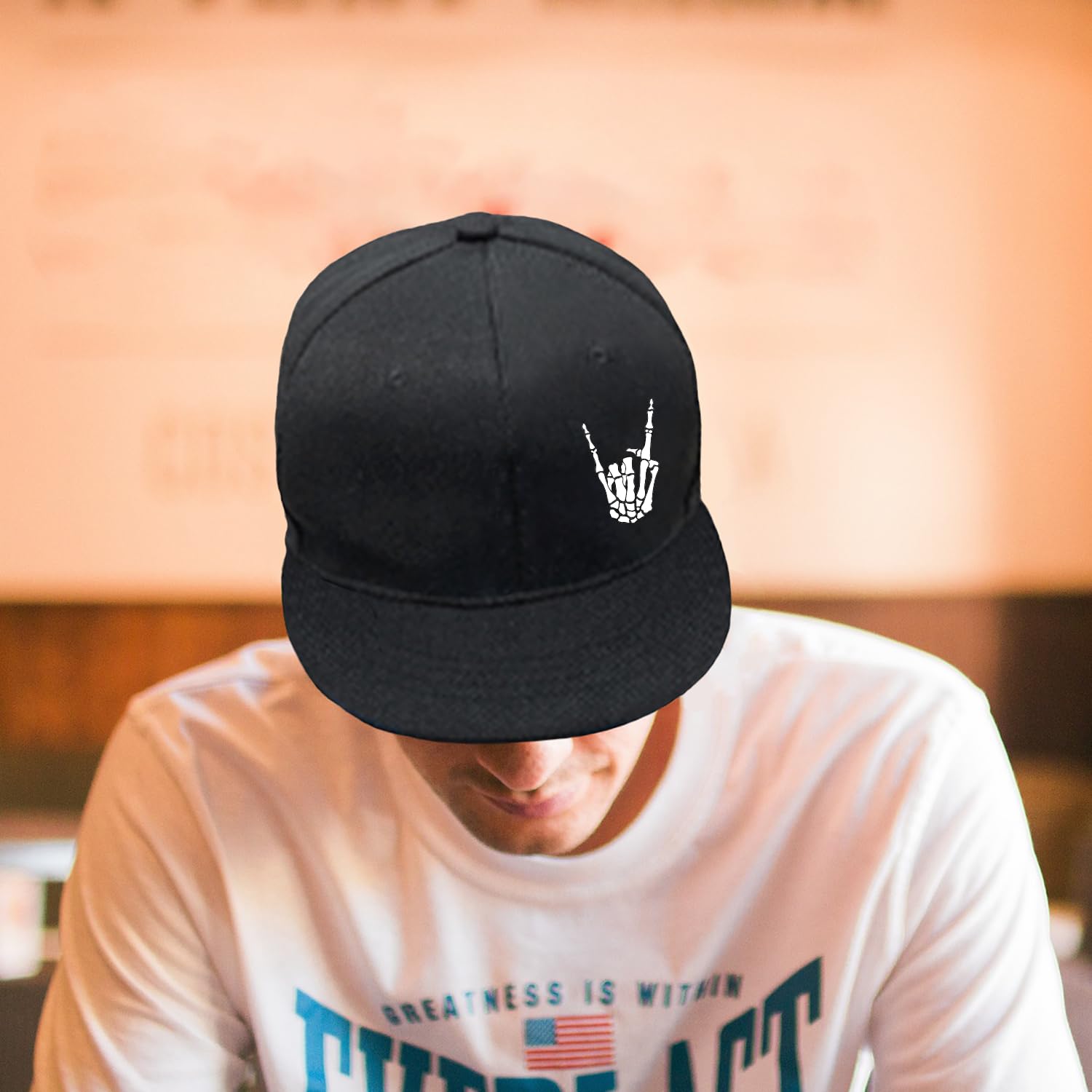 Flat Bill Snapback Hats for Men & Teen Boys - Black Skull Baseball Cap for Skateboarding, Streetwear & Casual Outfits