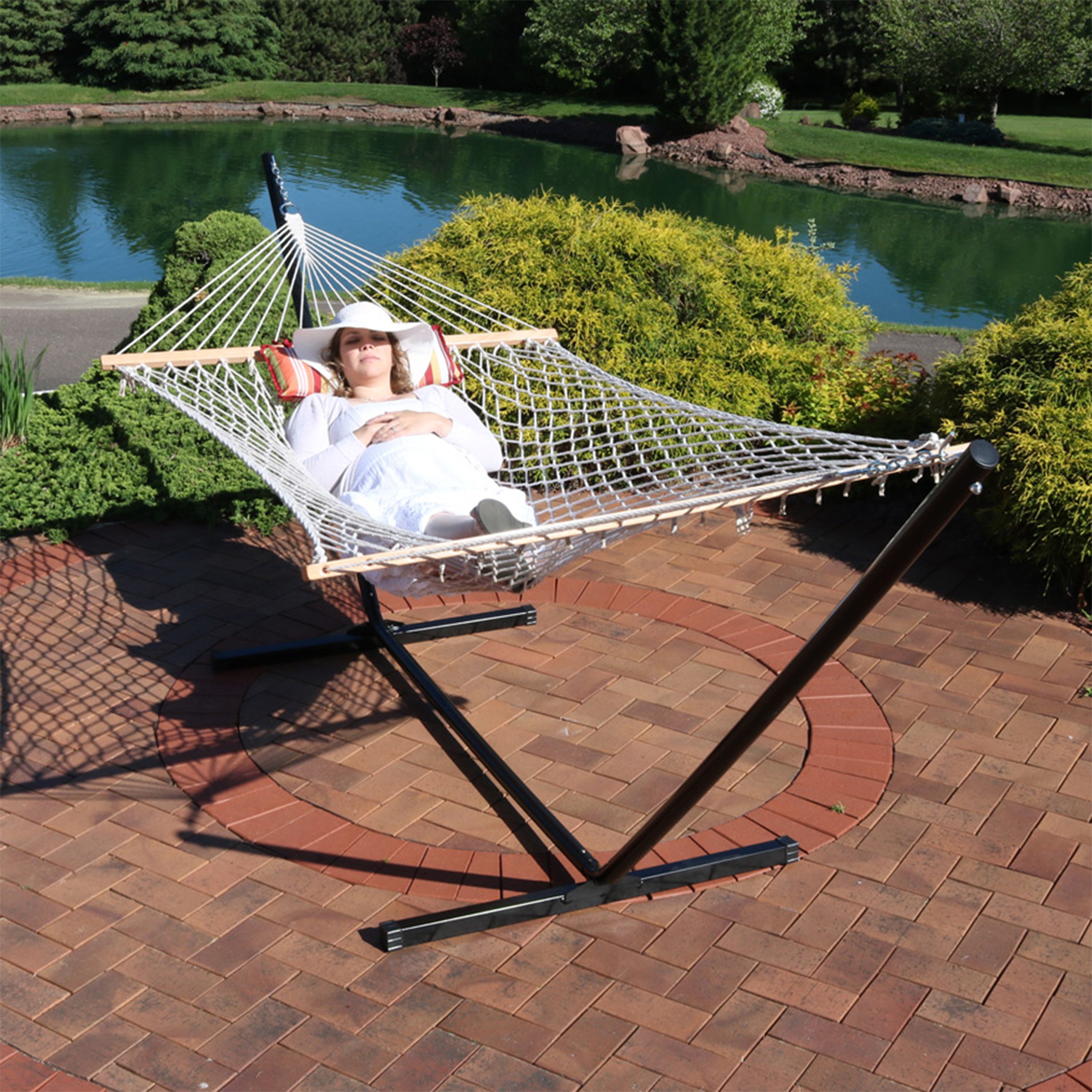 Premium Sunnydaze Rope Hammock with 12' Heavy-Duty Steel Stand, Comfortable Pad & Pillow - Perfect for Backyard Relaxation, Beach Lounging & Outdoor Adventures