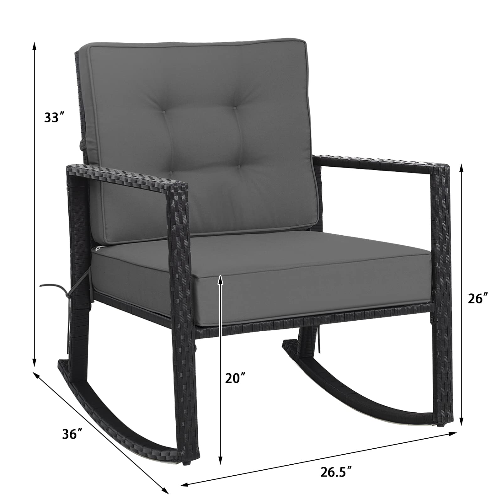Hysache Patio Rocking Chair - Rattan Wicker Rocking Armchair with Thick Cushion & Durable Steel Frame, Outdoor Wicker Furniture for Garden, Porch, Backyard, Poolside - Comfortable Seating for Relaxing Outdoors (Gray)
