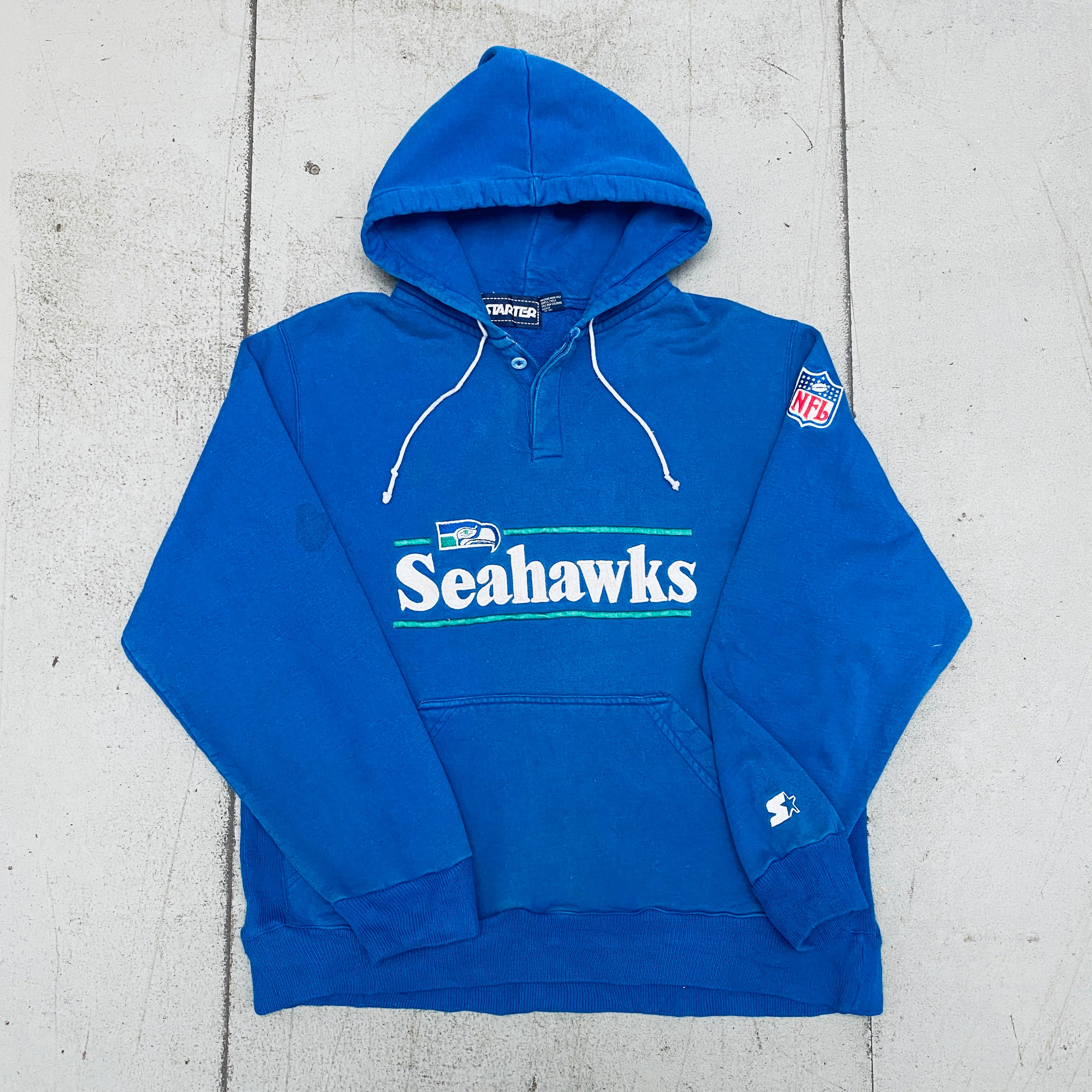 Vintage 1980s Seattle Seahawks Embroidered Spellout Starter Hoodie - Large Size for Men | Perfect for Game Day, Sports Fans & Retro Fashion Lovers