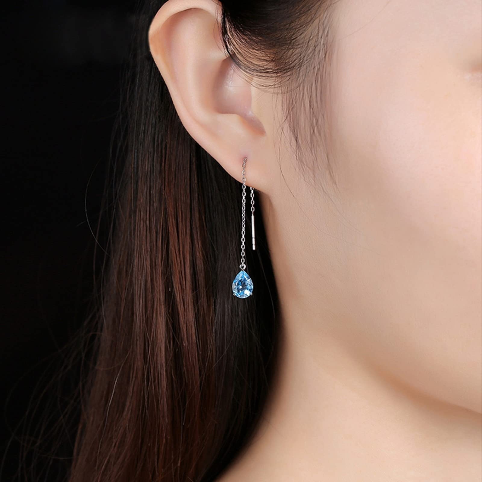 18K White Gold Drop Earrings for Women - 2.6ct Teardrop Blue Topaz & Diamond Pendant Dangle Earrings | Elegant Party, Wedding & Evening Wear Jewelry