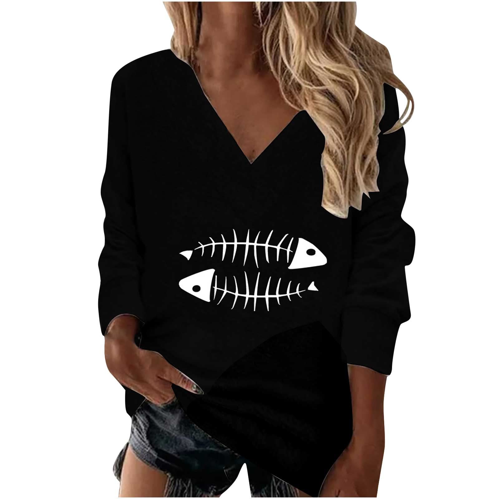 Trendy Long Sleeve Graphic Tees for Women - V Neck Printed Loose Fit Tops | Fall Fashion 2022 | Perfect for Night Out, Casual Wear & Autumn Outfits