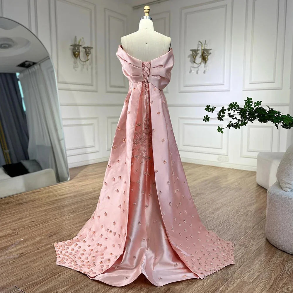 Luxury Dubai Elegant Appliques Mermaid Peach Satin Long Evening Dress for Women - Wedding, Party, Prom & Formal Occasions | Serene Hill Collection 2025 LA72483