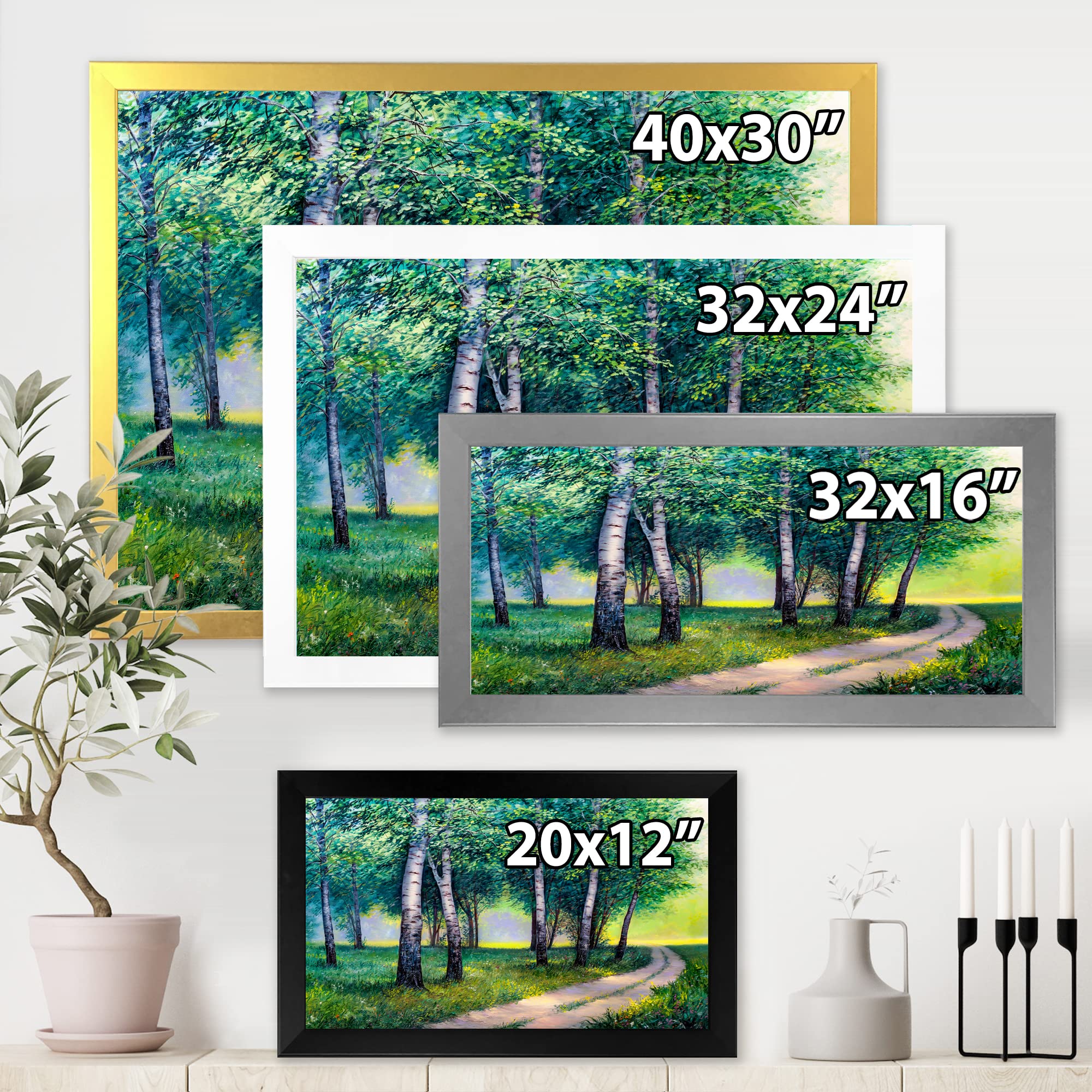 Summer Forest Road By The Birches Lake House Framed Wall Art - Nature Landscape Painting for Living Room, Bedroom & Office Decor
