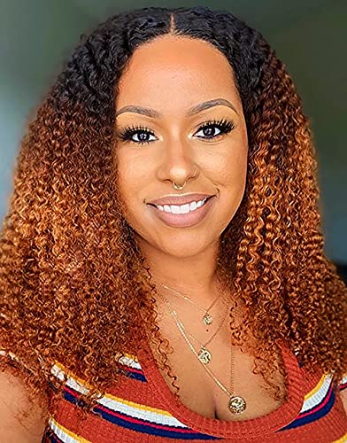 Derun 150% Density Kinky Curly Bob Wig - 13×6 T Part Lace Front Human Hair Wig with Ombre Brown & Orange Highlights | 18 Inch Short Bob Style for Women | Perfect for Daily Wear, Cosplay & Special Occasions