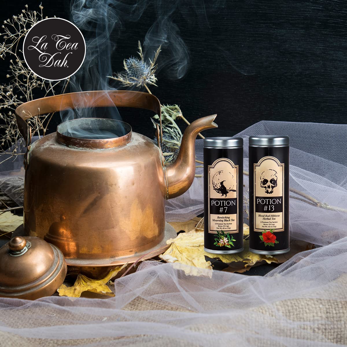 La Tea Dah Halloween Potions Gift Basket - Pumpkin Spice Tea, Blood Red Hibiscus Tea with Honey Stirrers | Non-Candy Gourmet Tea Gift Set for Halloween Parties, Witch-Themed Events & Cozy Autumn Evenings
