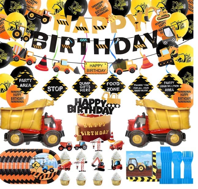 157 Pcs Construction Birthday Party Supplies Kit - Dump Truck Decorations for Kids with Happy Birthday Banner, Foil Balloons, Construction Signs, Hanging Swirls, Cake & Cupcake Toppers, Tableware - Perfect for Construction Themed Parties, DIY Decorations, and Kids Birthday Celebrations