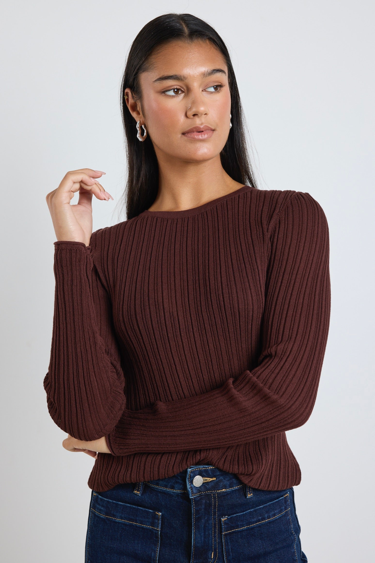 Fragment Chocolate Sheer Rib Long Sleeve Knit Top for Women - Elegant Casual Wear for Office, Date Night & Fall Layering