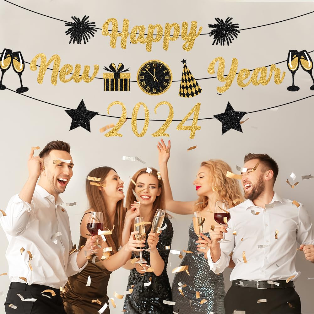 2025 Gold & Black Glitter Happy New Year Banner - New Year's Eve Party Decorations & Sign for NYE Celebrations | Perfect for Home, Office & Holiday Party Decor