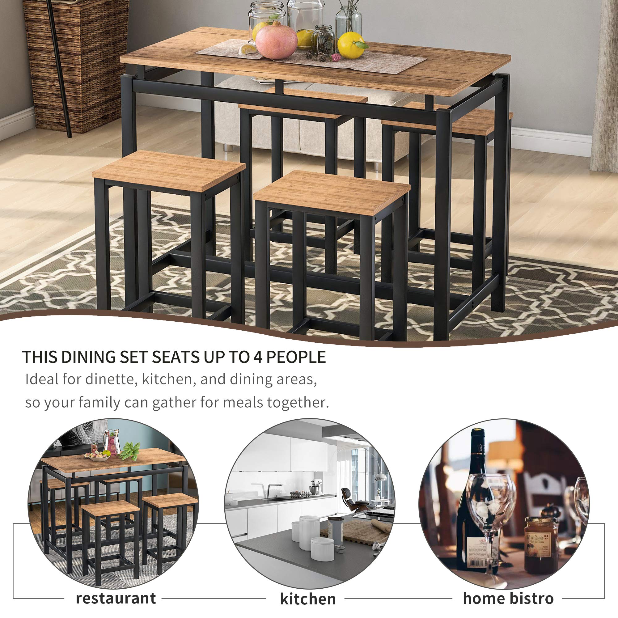 Modern 5-Piece Kitchen Counter Height Dining Table Set with 4 Stools - Wooden Pub Table & Chairs for Small Spaces (Brown) | Perfect for Breakfast Nooks, Small Apartments & Cozy Dining Areas
