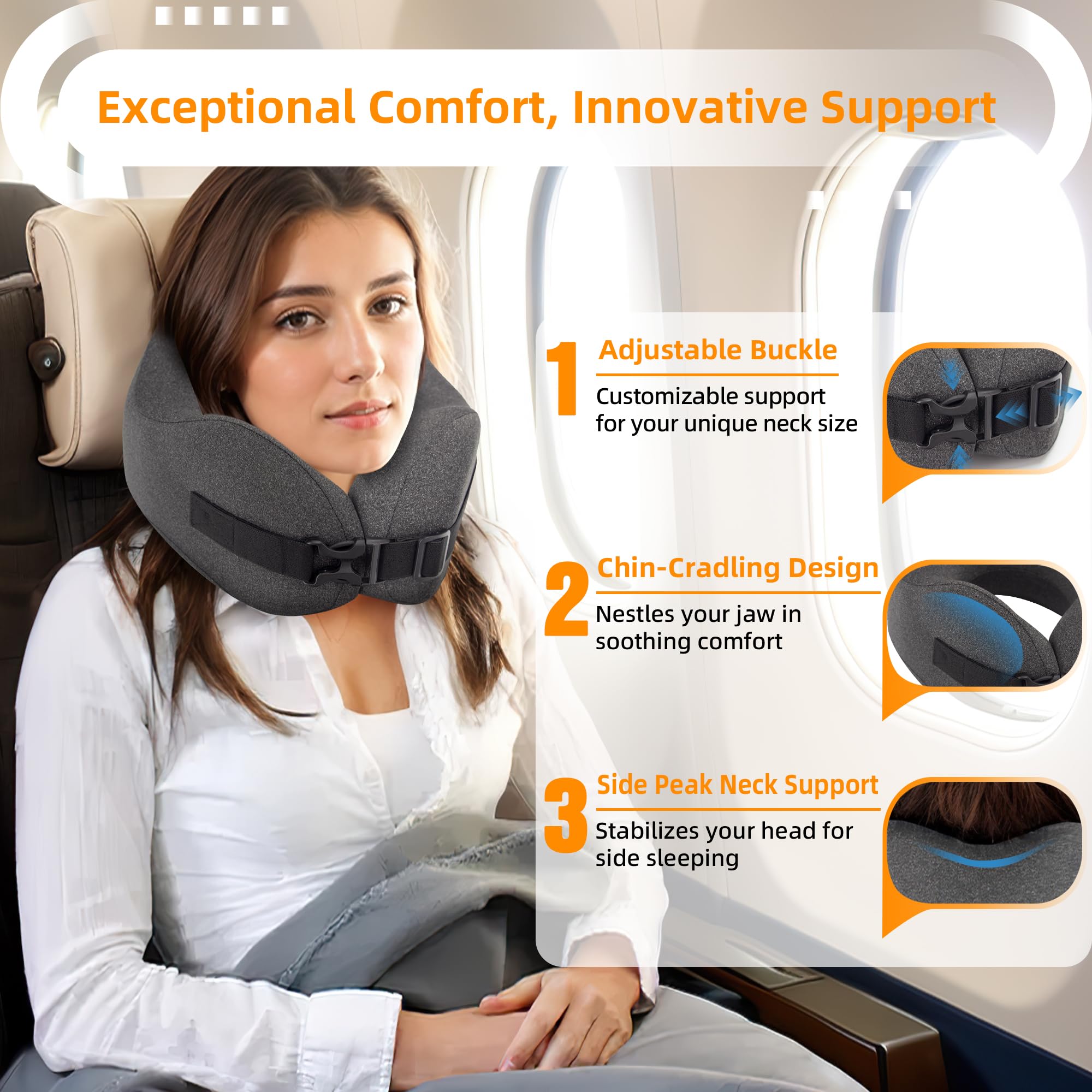 Memory Foam Travel Neck Pillow for Airplane Sleeping - 3D Contoured Support with Eye Mask & Earplugs - Long Flight Essentials Set in Gray - Perfect for Business Trips, Redeye Flights & Road Trips