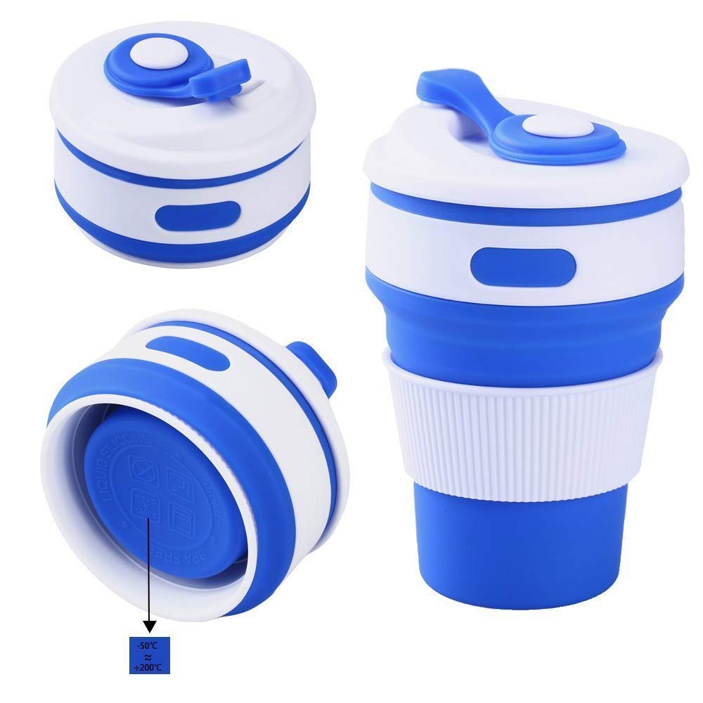 Fullgaden Collapsible Silicone Travel Cup with Lid - Portable Reusable Drinking Mug for Water, Coffee, Tea & Cold Beverages - Perfect for Hiking, Camping, Picnics & Outdoor Adventures - Blue