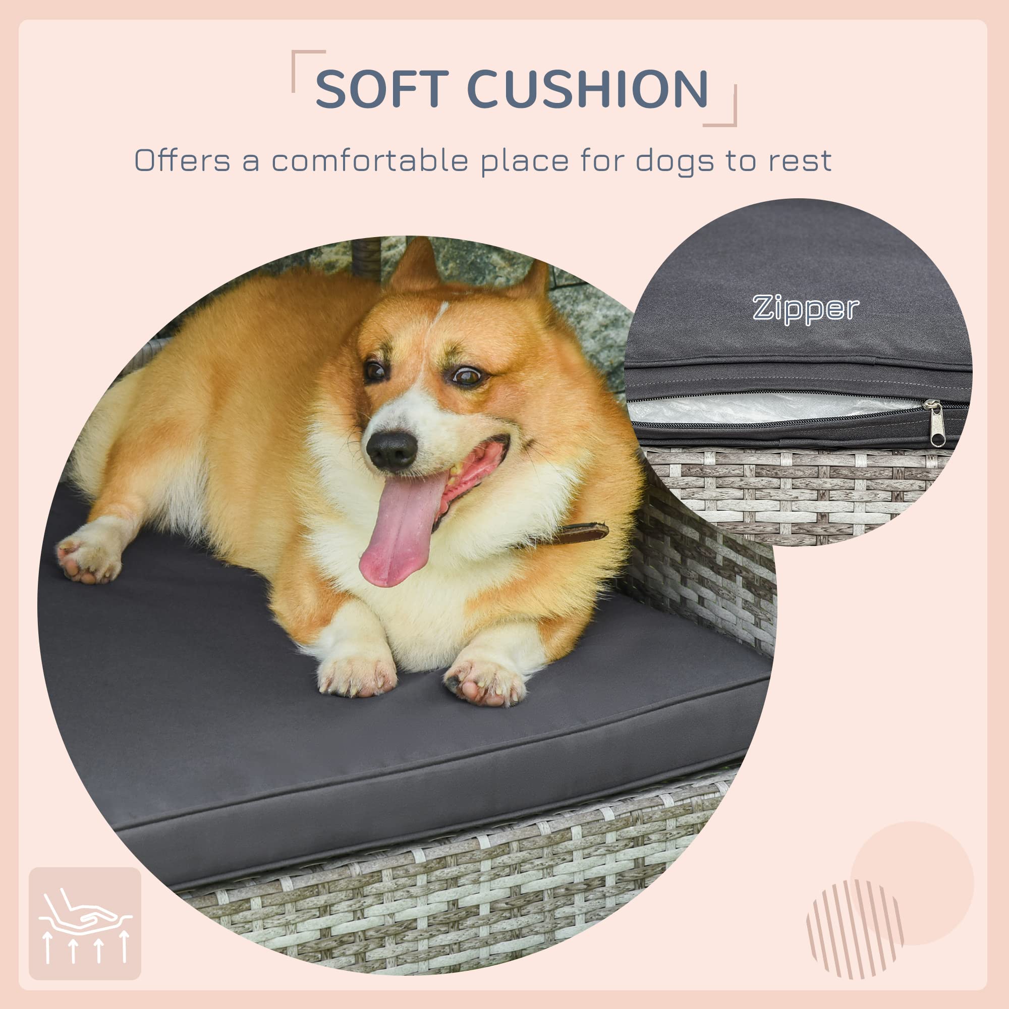 PawHut Outdoor Wicker Dog House with Canopy - Rattan Pet Bed with Waterproof Cushion - Elevated Dog Bed for Small & Medium Dogs up to 66 lbs (19.75