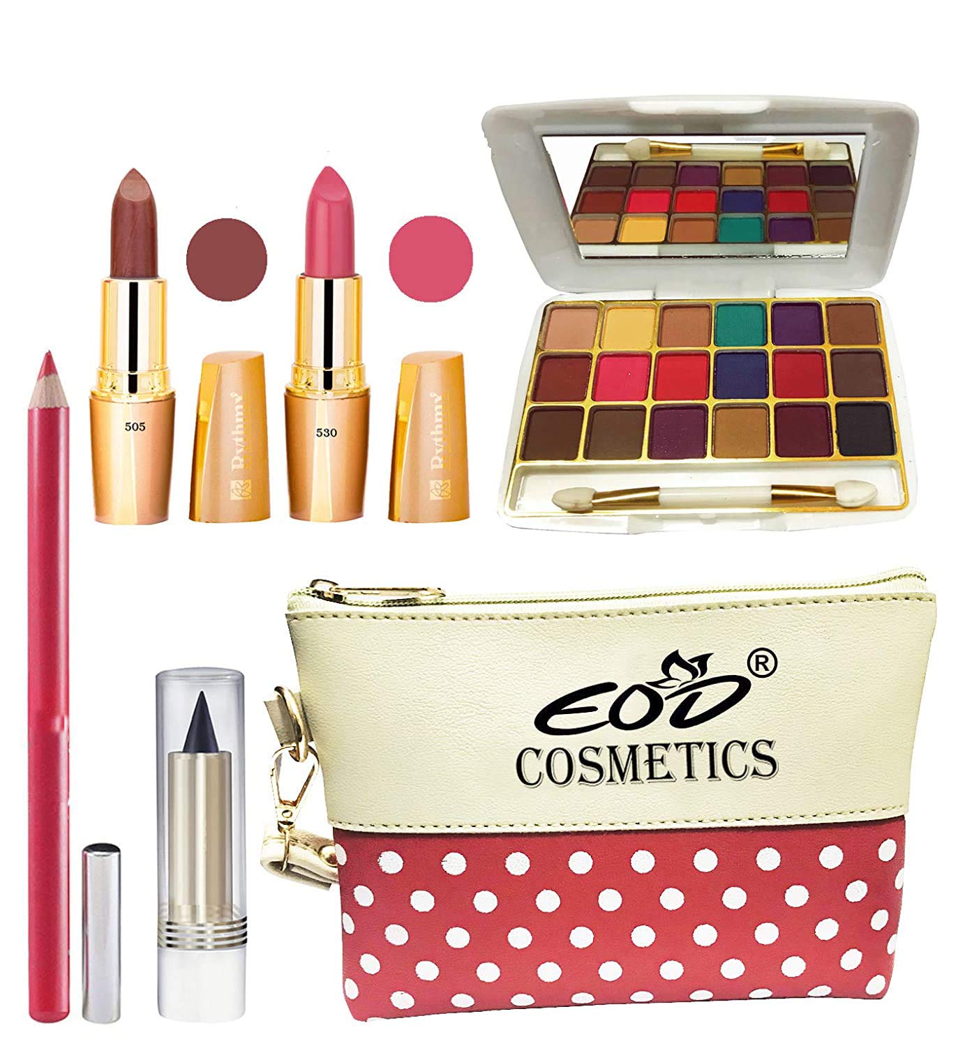 EOD True Color Makeup Kit - 2 Creamy Matte Lipsticks, 18-Color Eyeshadow Palette, Lip Pencil & Kajal with Multi-Purpose Pouch (Set of 6) | Perfect for Everyday Wear, Party & Travel Makeup
