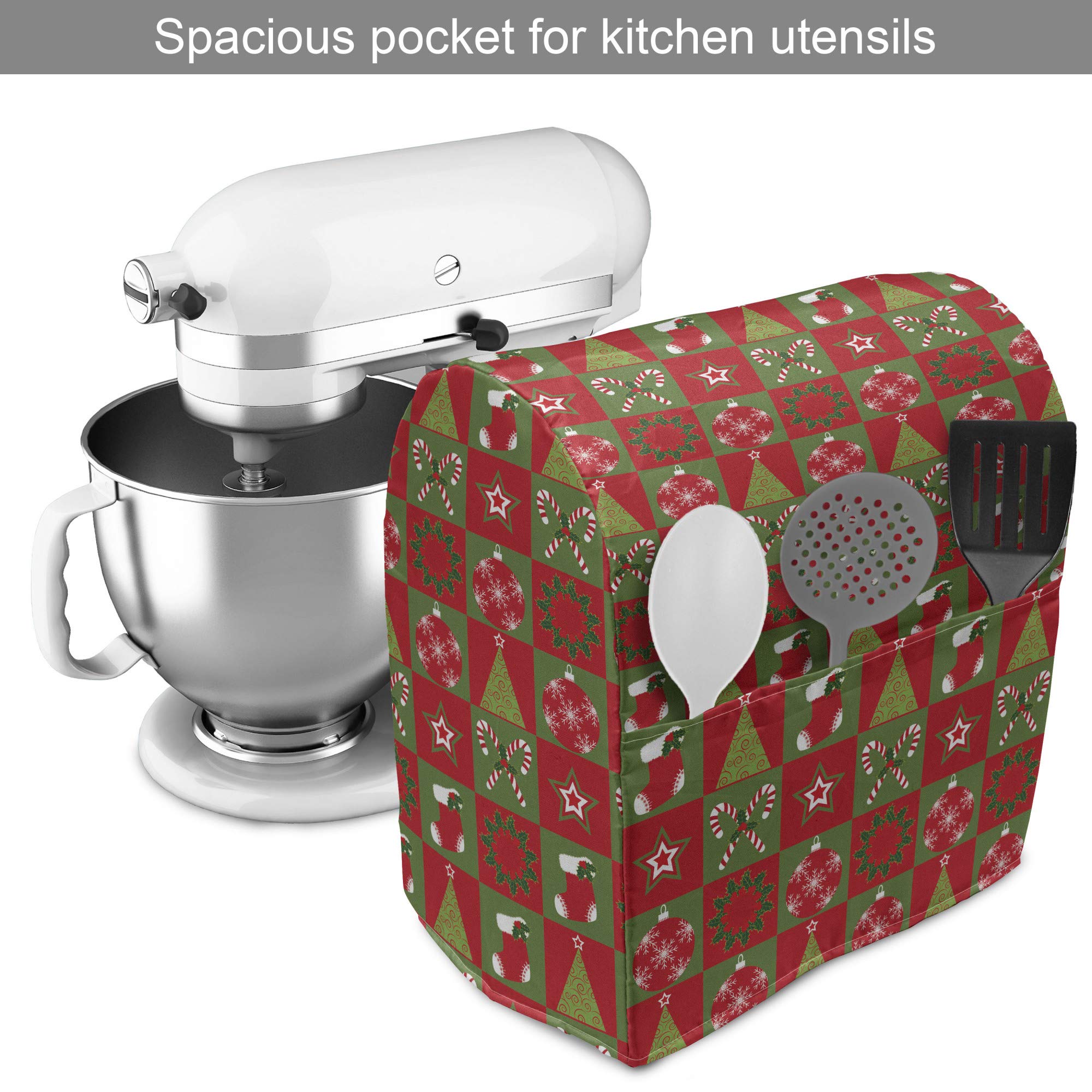 Ambesonne Christmas Stand Mixer Cover - Fireplace Socks with Stars Ornaments & Triangle Pines Design - Kitchen Appliance Organizer Bag with Pocket (6-8 Quarts, Olive Green & White) - Perfect for Holiday Baking & Kitchen Organization