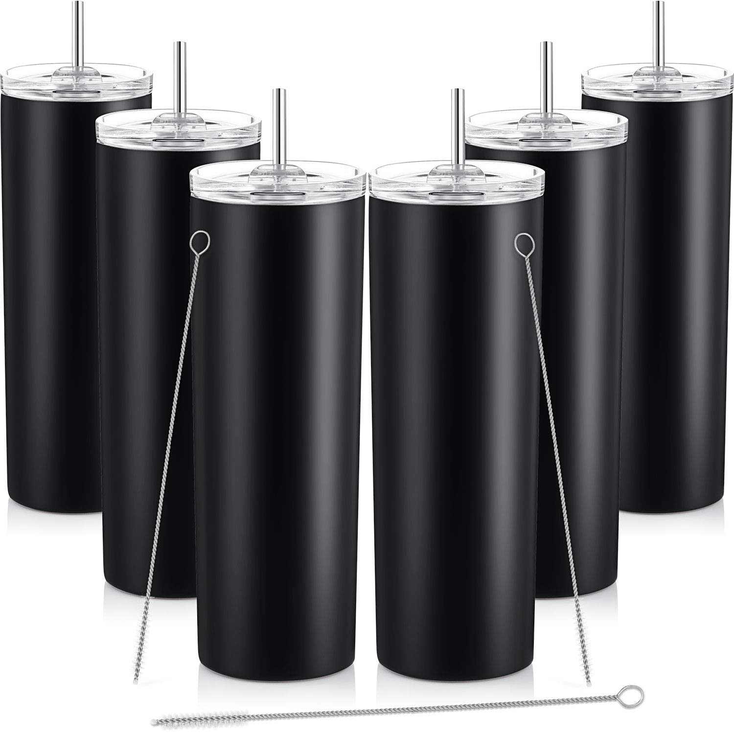 6-Pack Slim Stainless Steel Vacuum Insulated Tumbler Cups - 20oz Double-Walled Travel Mug with Leak-Proof Sliding Lid & Straw - Keeps Drinks Hot/Cold for Hours - Includes Cleaning Brush (Black) - Perfect for Office, Gym, Hiking & Outdoor Activities