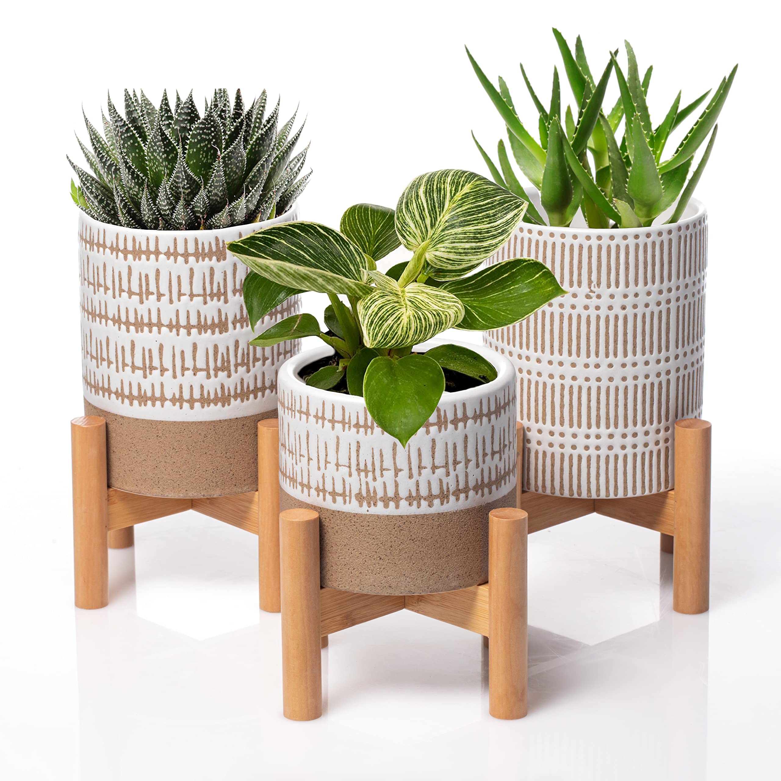Set of 3 Mini Planters with Stands - Small Ceramic Flower Pots with Wooden Stands for Indoor Plants, Herbs, Succulents | Mid Century Modern Home Decor for Living Room, Office Desk, Windowsill | Plants Not Included
