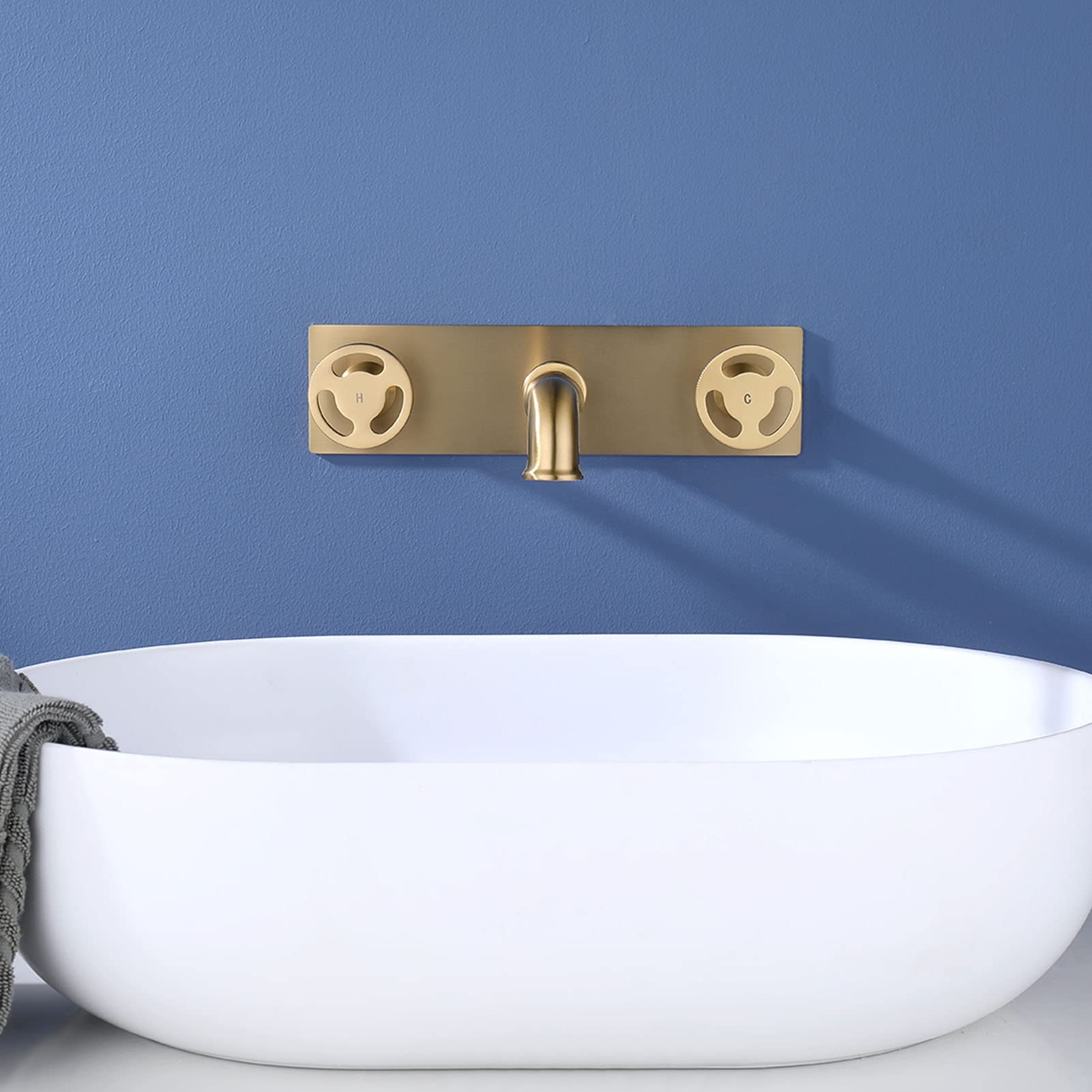 Premium Brushed Gold Wall Mounted Brass Bathroom Faucet - Double Handle Mixer Tap for Sink, Basin & Bathtub | Durable Industrial Design for Modern Homes & Commercial Spaces