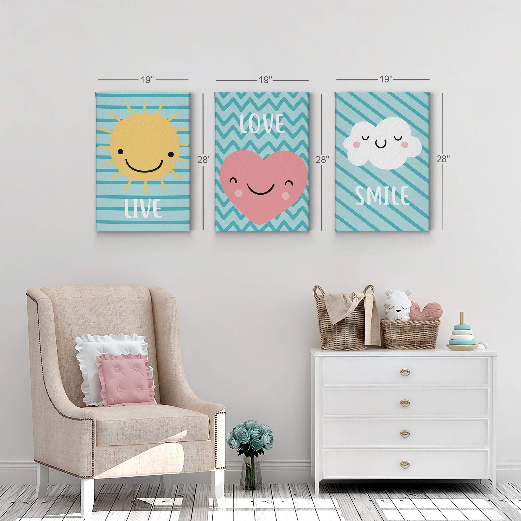 Live Love Smile Canvas Wall Art Set - 3 Piece Blue Lettering Prints for Kids Room Decor, Nursery Wall Art for Boys & Girls (40x30 Inches, Rolled) | USA Made | Perfect for Bedroom, Playroom & Nursery Decor