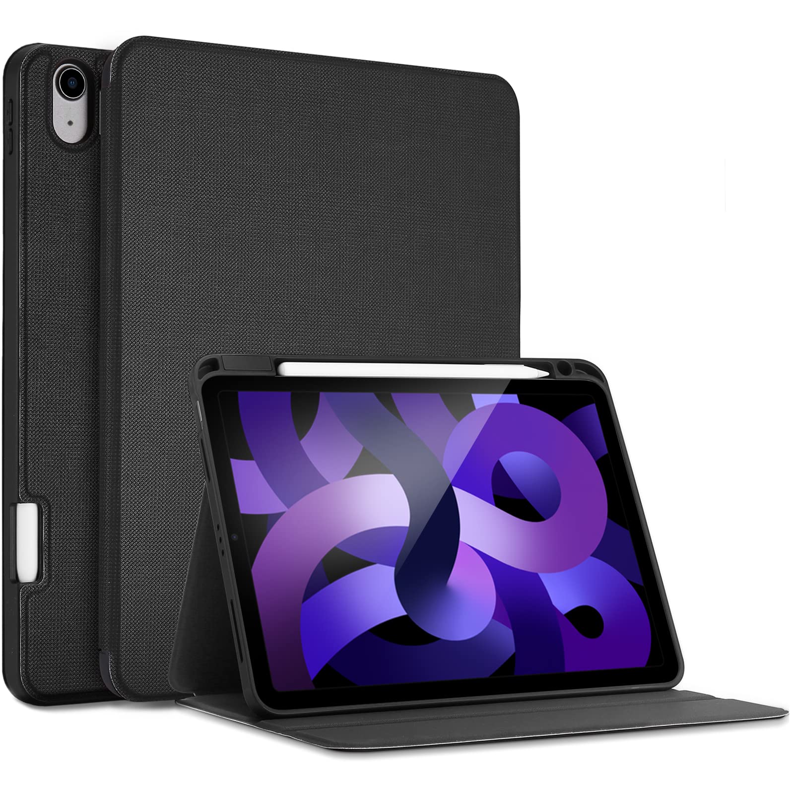 ProCase iPad Air 5/4 Case 10.9 Inch (2022/2020 Model) - Slim Stand Smart Folio Protective Cover with Pencil Holder for iPad Air 5th/4th Gen (A2589 A2591 A2324 A2072) - Black | Perfect for Work, Study & Travel Protection