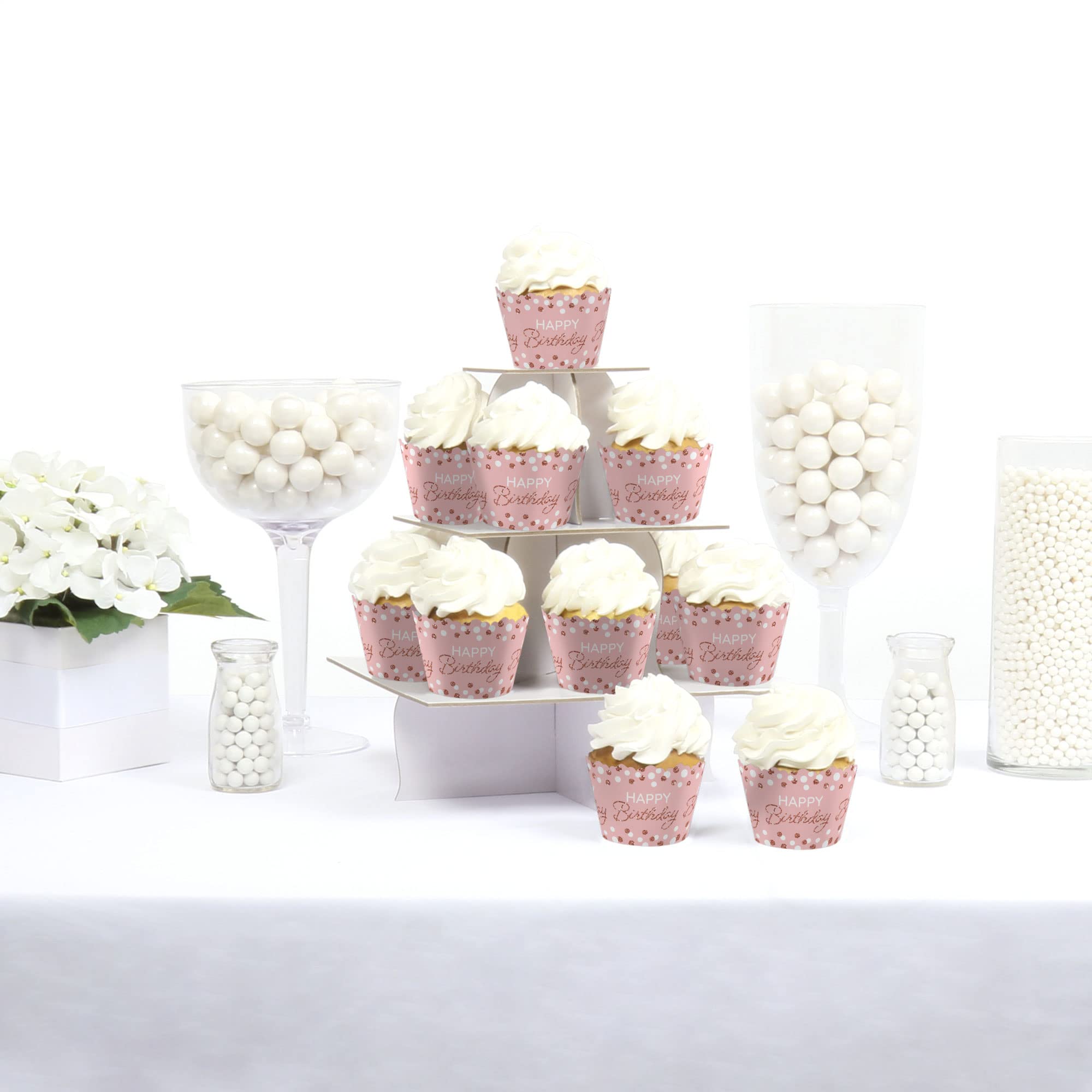Pink Rose Gold Birthday Party Decorations Set - 12 Cupcake Wrappers for Happy Birthday Celebrations - Perfect for Baby Showers, Bridal Showers & Anniversary Parties
