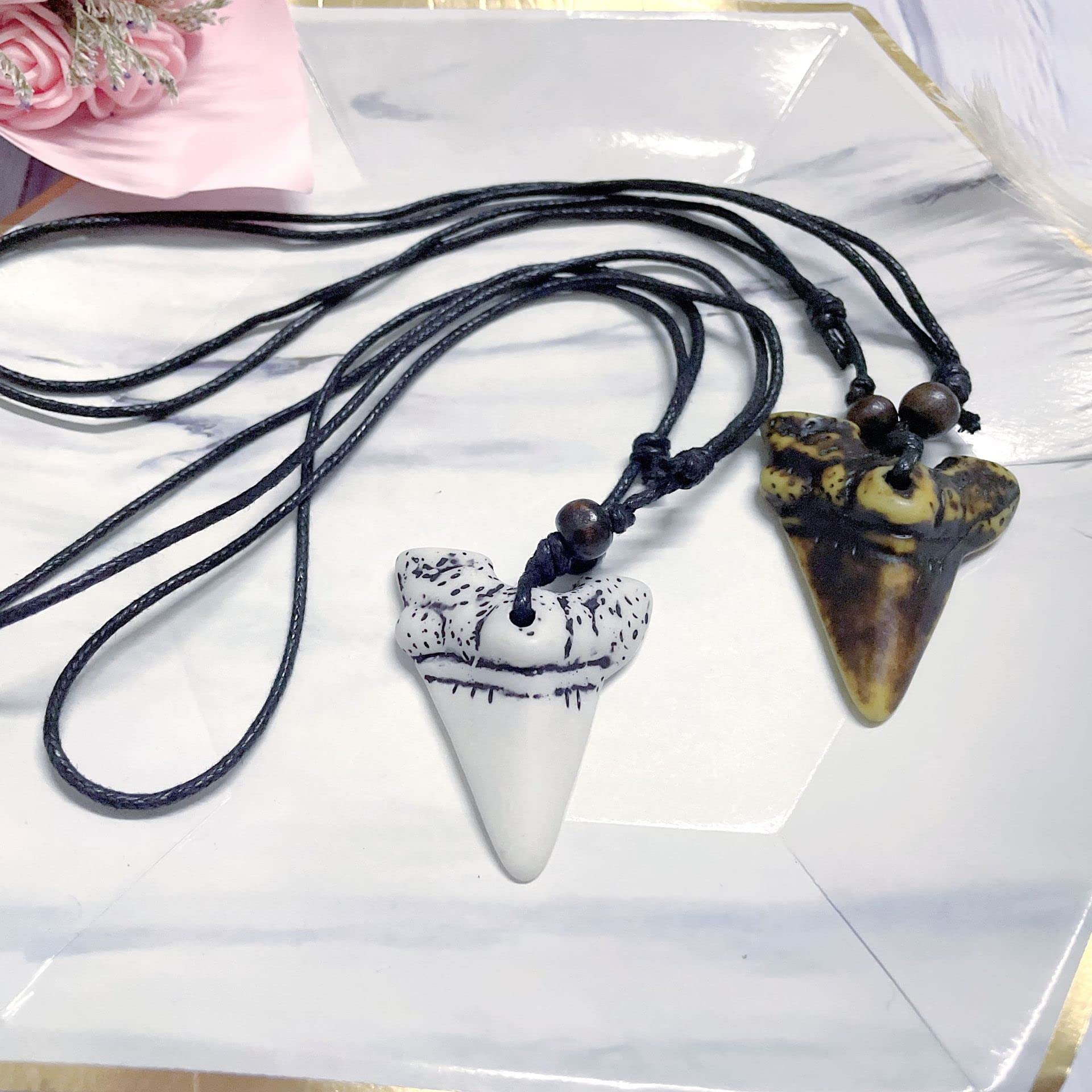 2-Piece Shark Tooth Pendant Necklace Set - Wax Rope & Leather Surfer Necklaces for Men & Women - Beach Resin Tooth Shaped Jewelry - Perfect for Summer, Surfing, Beach Parties and Boho Fashion Accessories