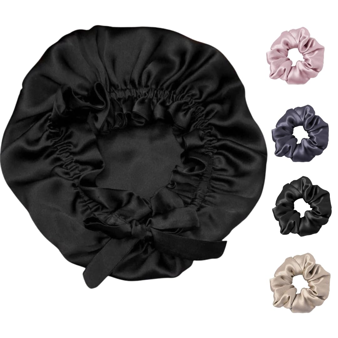 Attune Satin Silk Bonnet for Hair with 4 Premium Scrunchies - Adjustable Silk Sleep Cap for Curly & Natural Hair - Drawstring Satin Hair Bonnet (Black) | Perfect for Nighttime Hair Protection & Styling