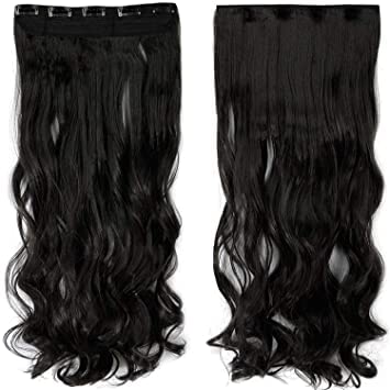 5 Clip In Wavy/Curly Synthetic Hair Extensions for Women & Girls - 22 Inches Black Human-Like Hair - Perfect for Parties, Weddings & Daily Styling