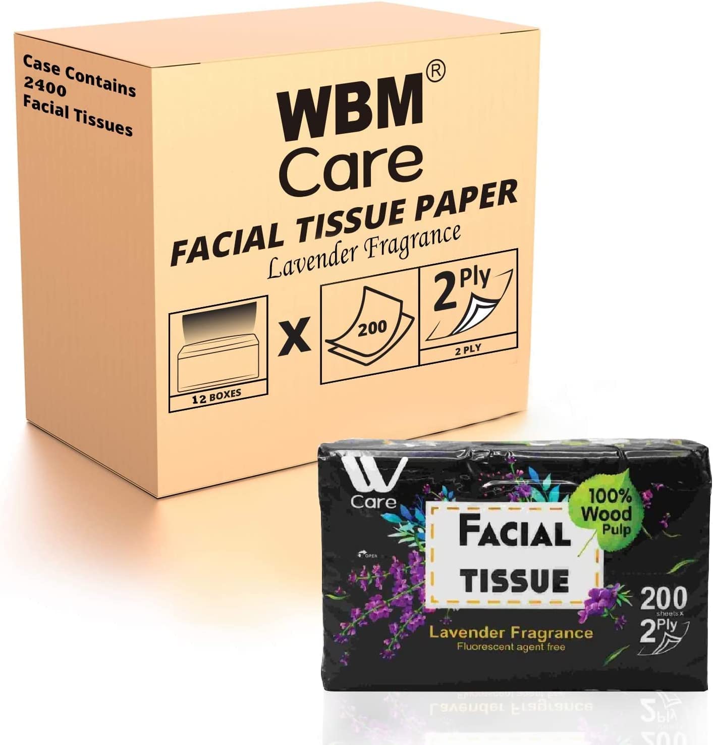 Premium 2-Ply Ultra Soft Facial Tissues with Soothing Lavender Scent - 2400 Count (12 Boxes x 200 Sheets) | 100% Natural Wood Pulp | Ideal for Home, Office & Travel Use | Gentle on Skin for Daily Comfort