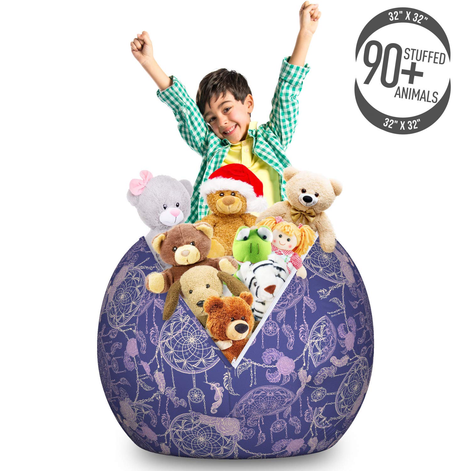 Ambesonne Boho Storage Toy Bag Chair - Dreamcatchers & Roses Pattern, Large Washable Stuffed Animal Organizer (Dark Lavender) | Kids Room Decor, Nursery Storage, Playroom Organization