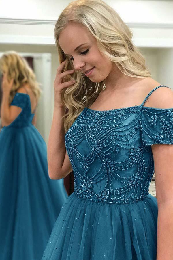 Elegant Dark Blue Off-the-Shoulder Ball Gown Prom Dress with Beaded Tulle Skirt | Formal Evening Gown for Homecoming, Quinceañera & Special Occasions