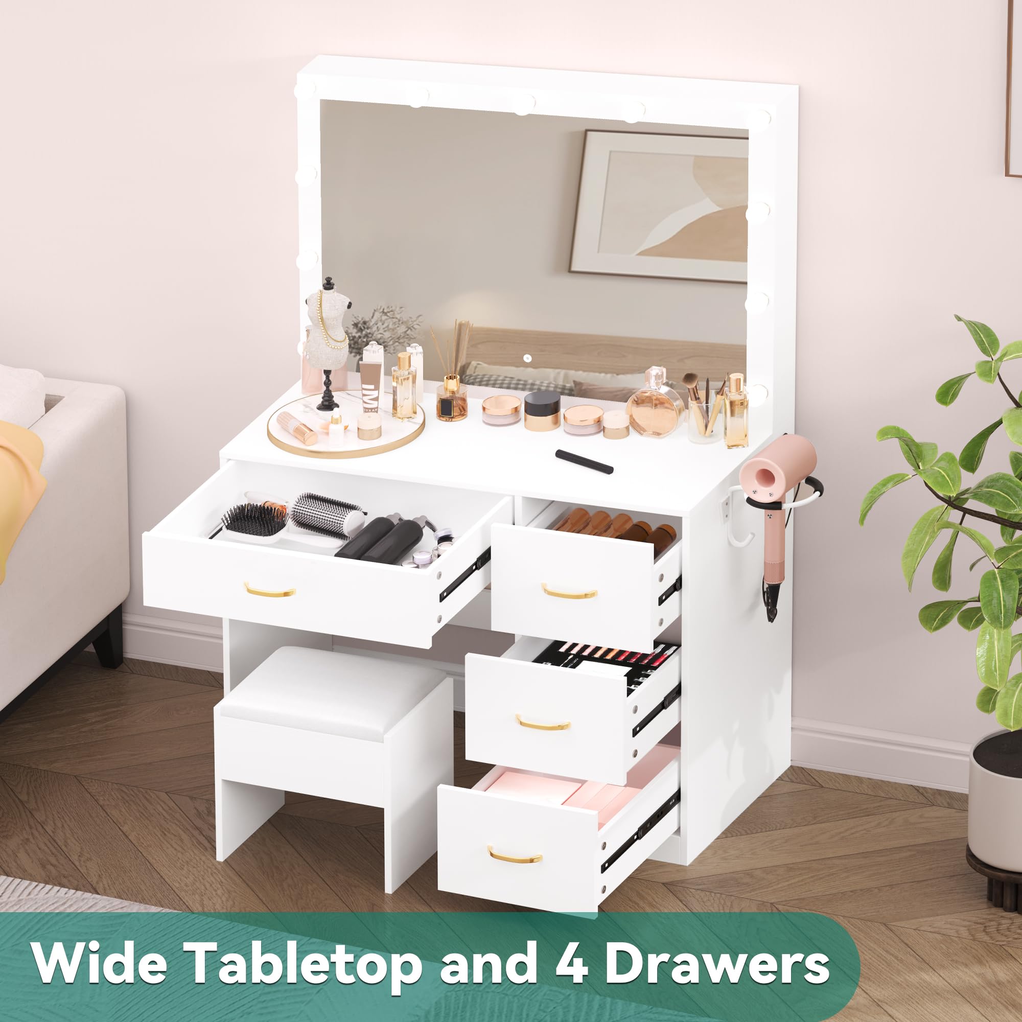 YITAHOME Vanity Desk with Mirror and Lights - Makeup Vanity Set with 11 LED Bulbs, Power Outlet, 4 Drawers & Stool - Perfect for Bedroom, Dressing Room & Beauty Salon