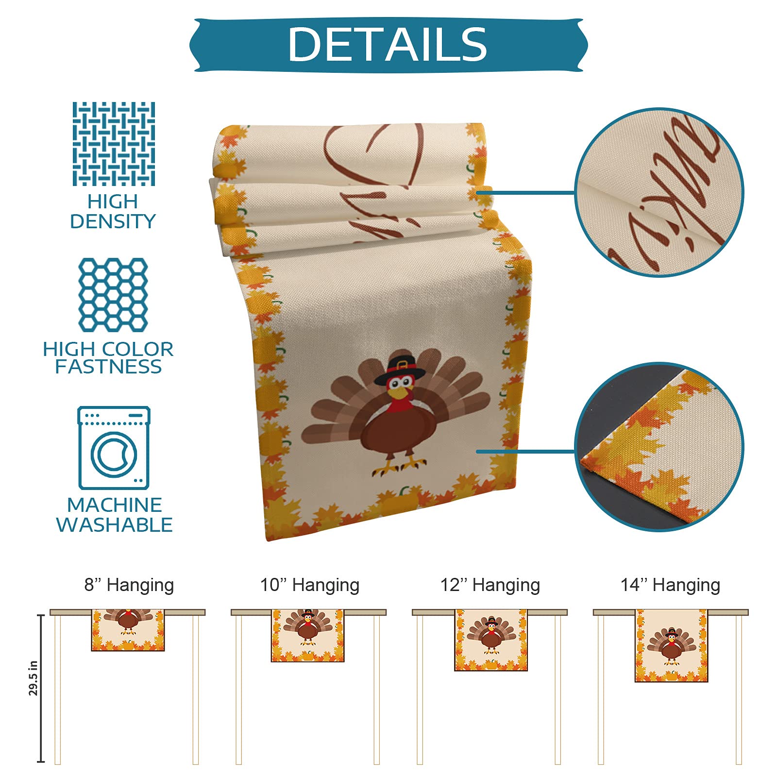 Thanksgiving Burlap Table Runner 72 Inches - Fall Harvest Decor with Turkey, Pumpkins & Maple Leaf Design for Holiday Dining, Kitchen, Coffee Tables | Perfect for Home, Party & Thanksgiving Day Decorations
