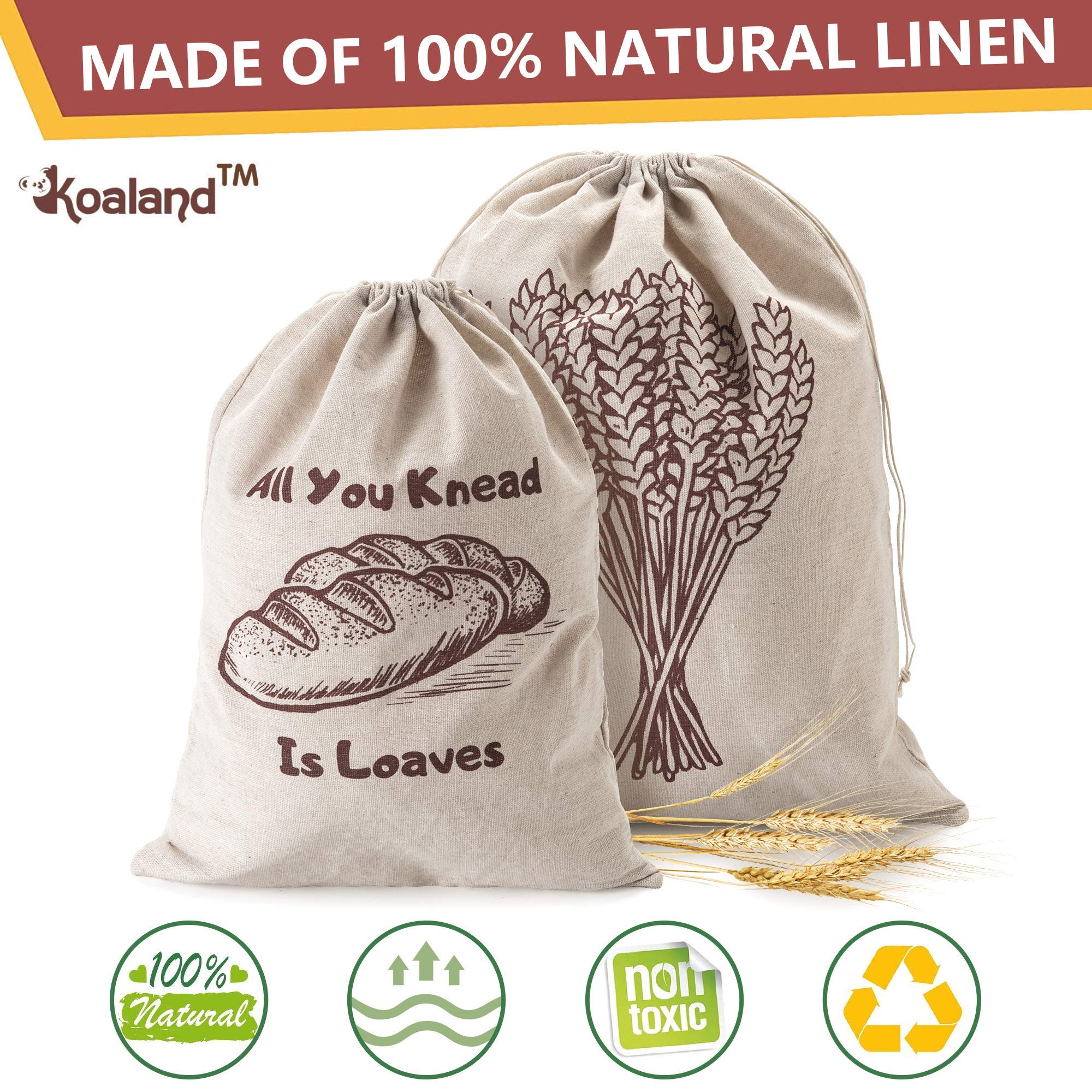 Organic Linen Bread Bags - Set of 4 Large & XL Unbleached Reusable Drawstring Bags for Homemade Artisan Bread, Loaf Storage & Food Preservation | Perfect Eco-Friendly Gift for Bakers & Kitchen Use for Picnics, Farmers Markets & Home Baking