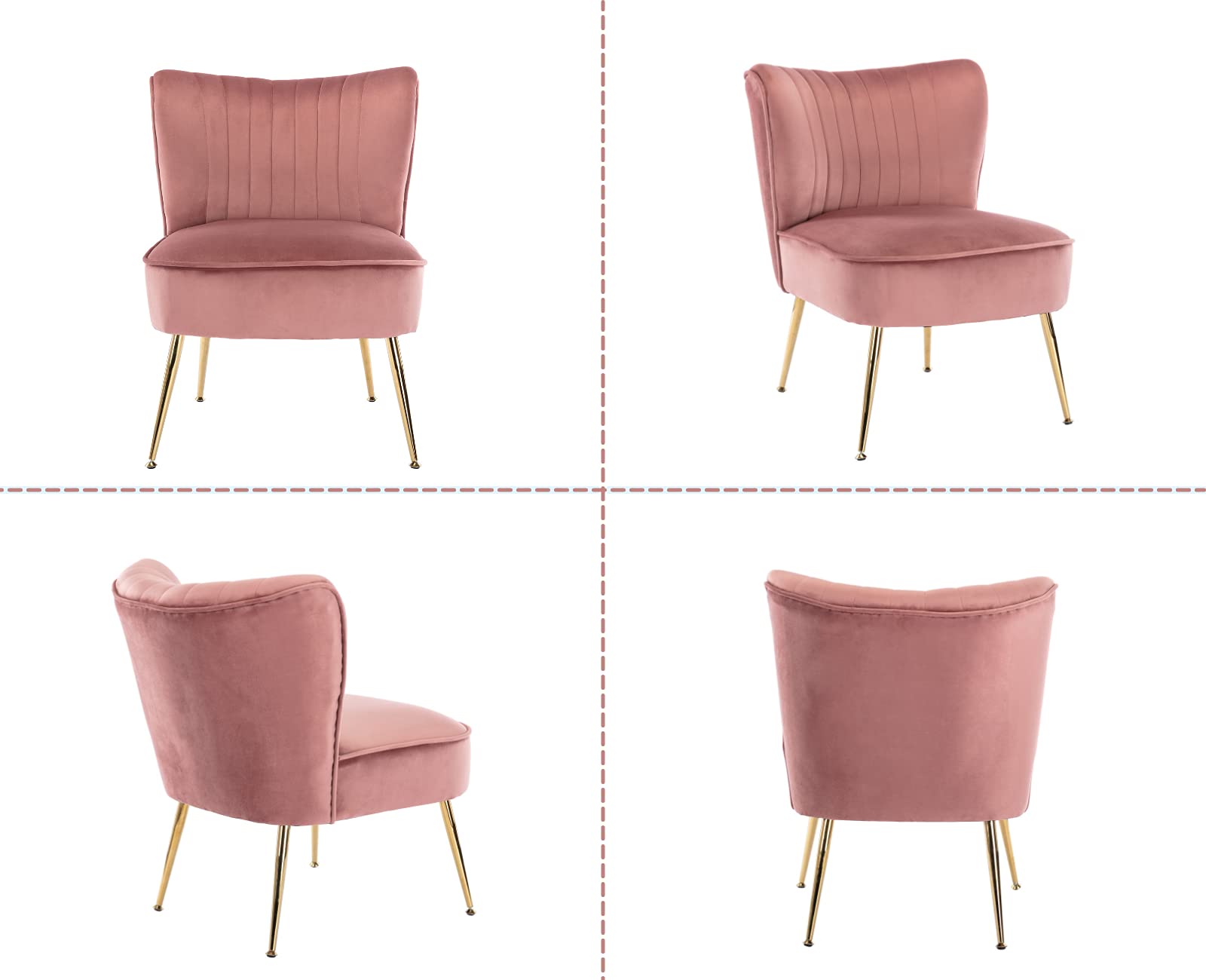 Velvet Accent Chairs Set of 2 - Mid Century Modern Upholstered Side Chairs with Golden Legs for Living Room, Guest Room & Bedroom - Comfy Armless Wingback Sofa Chairs in Pink - Perfect for Small Spaces, Reading Nooks & Cozy Corners