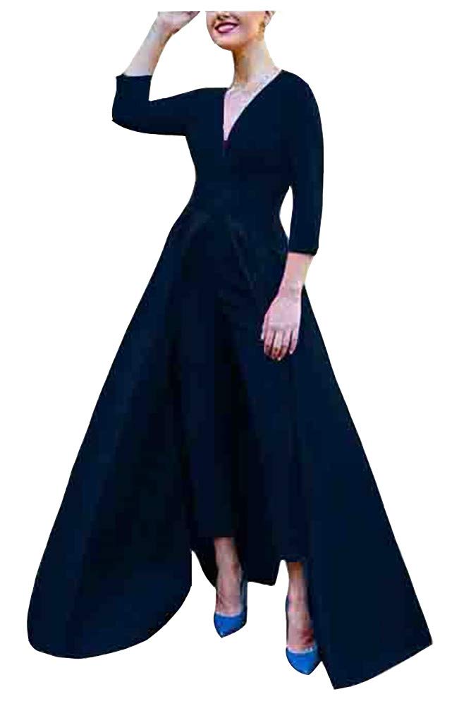 Honeydress Women's Elegant A-Line Satin Jumpsuit with Removable Waist Cape - Long Sleeve Prom Gown Pants for Evening Parties, Weddings & Formal Events